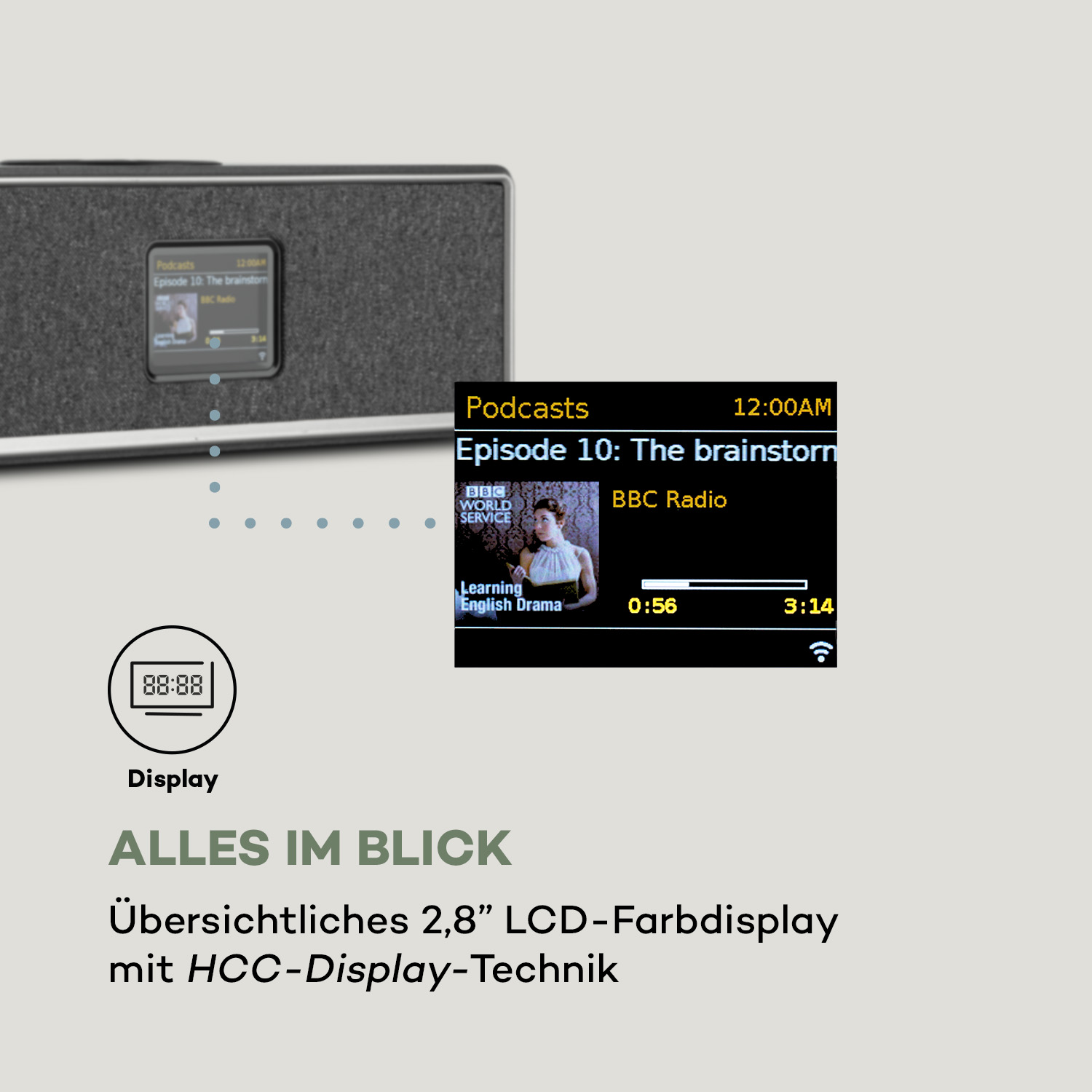 Radio mit Display, das Podcasts und Uhrzeit anzeigt.