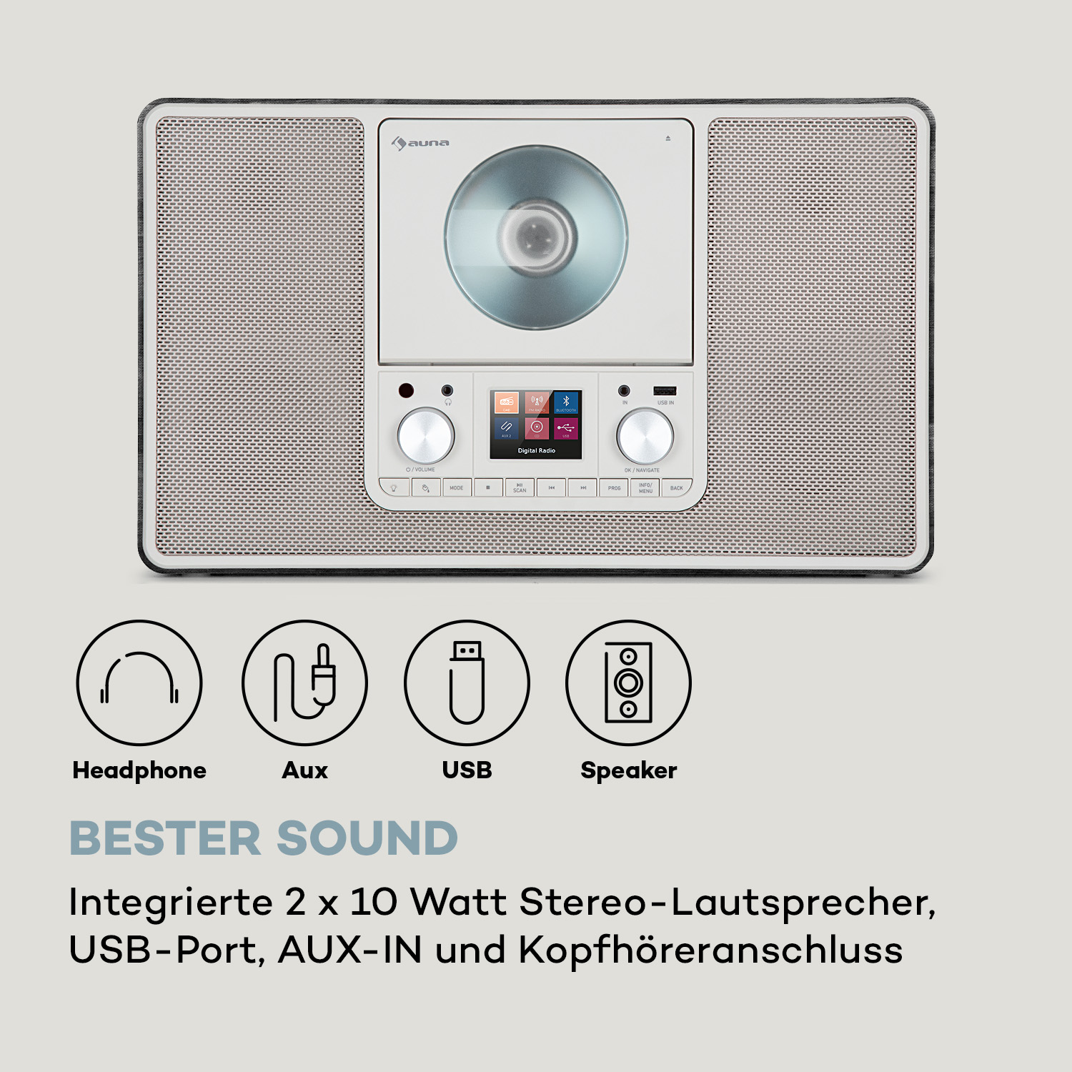 Ein weißes und silbernes Radio mit einem CD-Schlitz und Lautsprechersymbolen unten.