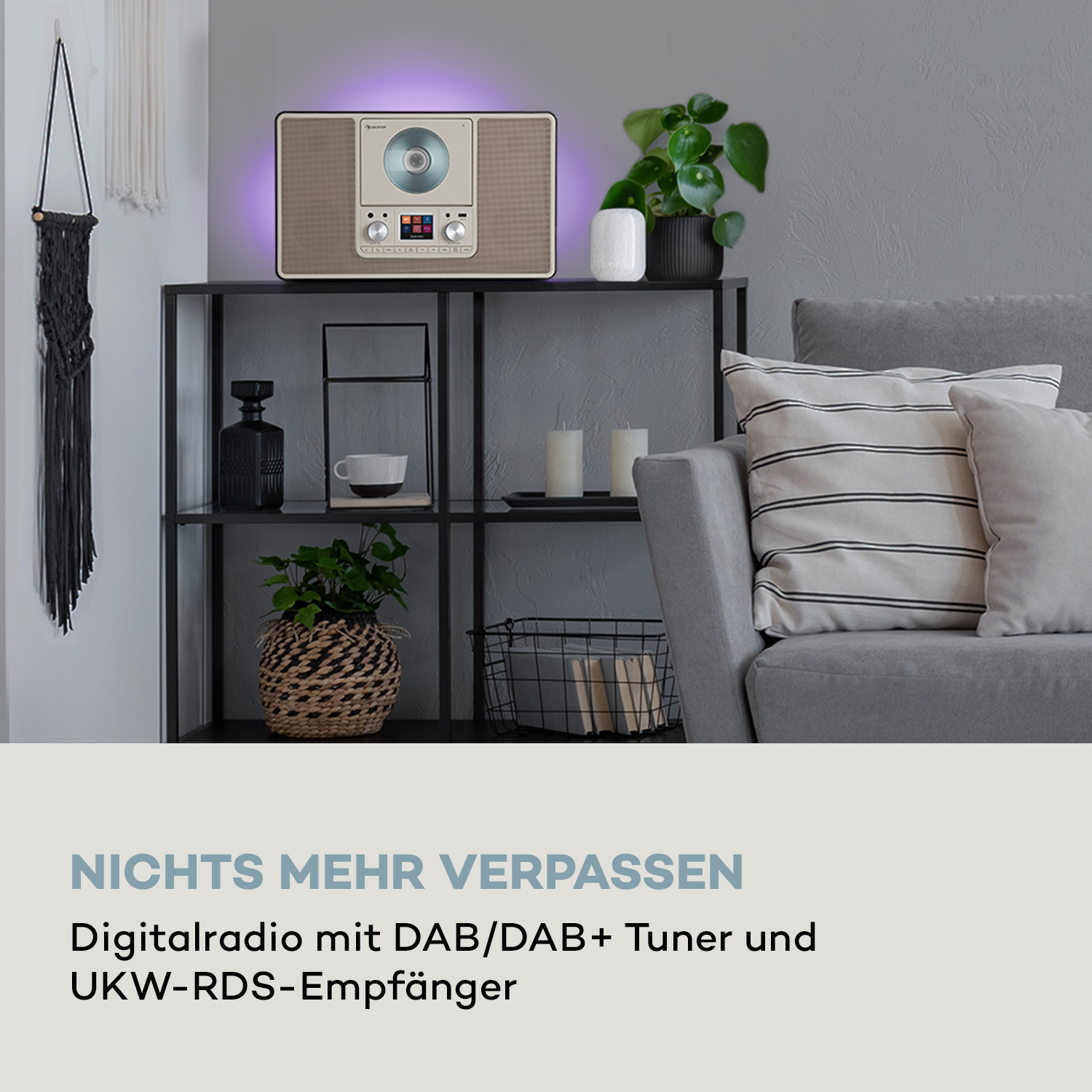 Beiges Radio auf schwarzem Regal, mit Pflanzen und Dekorationen. Text: Digitalradio.