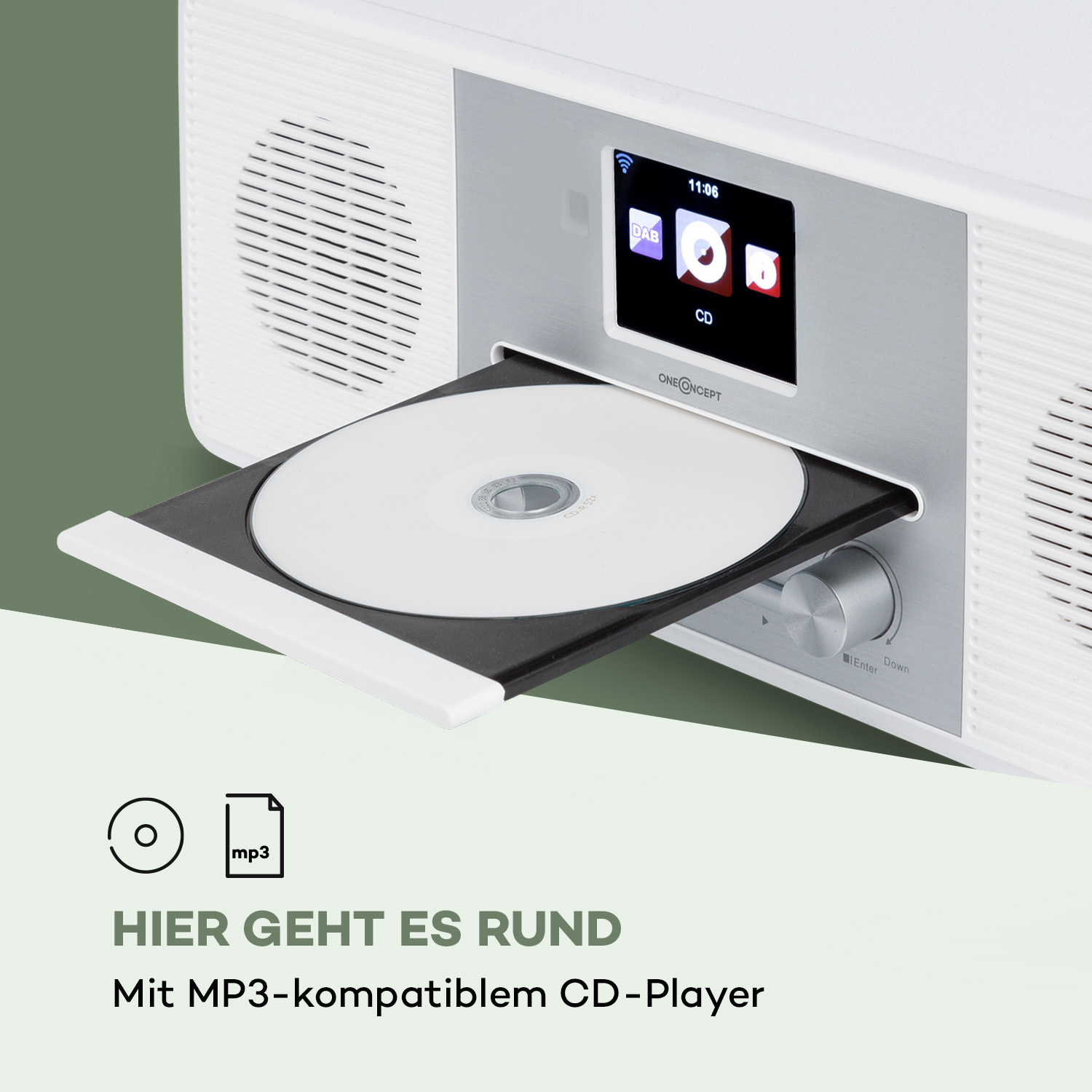 Ein weißes Stereo mit offenem CD-Fach, das eine CD anzeigt. Der Text lautet: „Hier geht es rund. Mit MP3-kompatiblem CD-Player.“