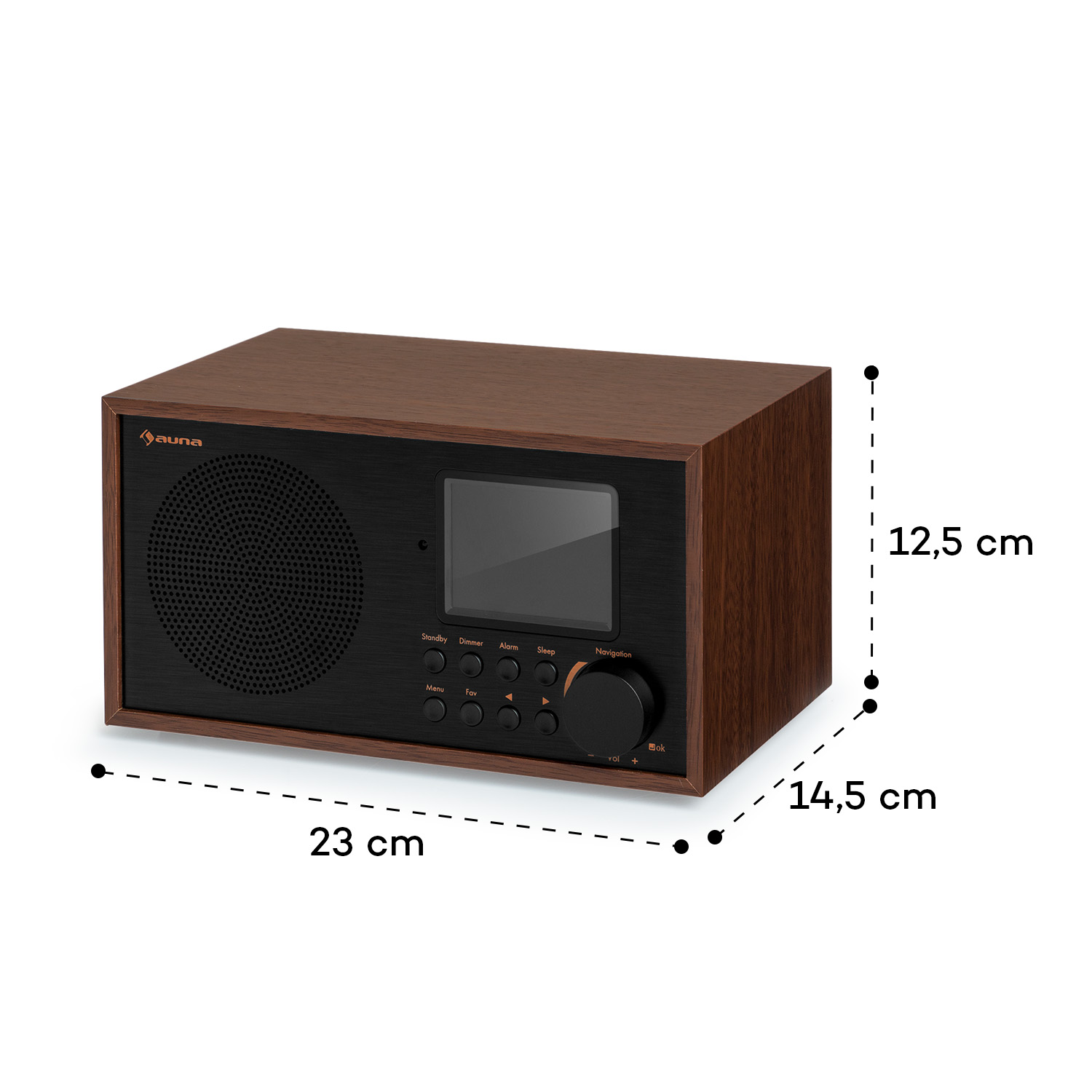 Ein braunes Retro-Radio mit schwarzer Frontplatte, Tasten, Bildschirm und Abmessungen.
