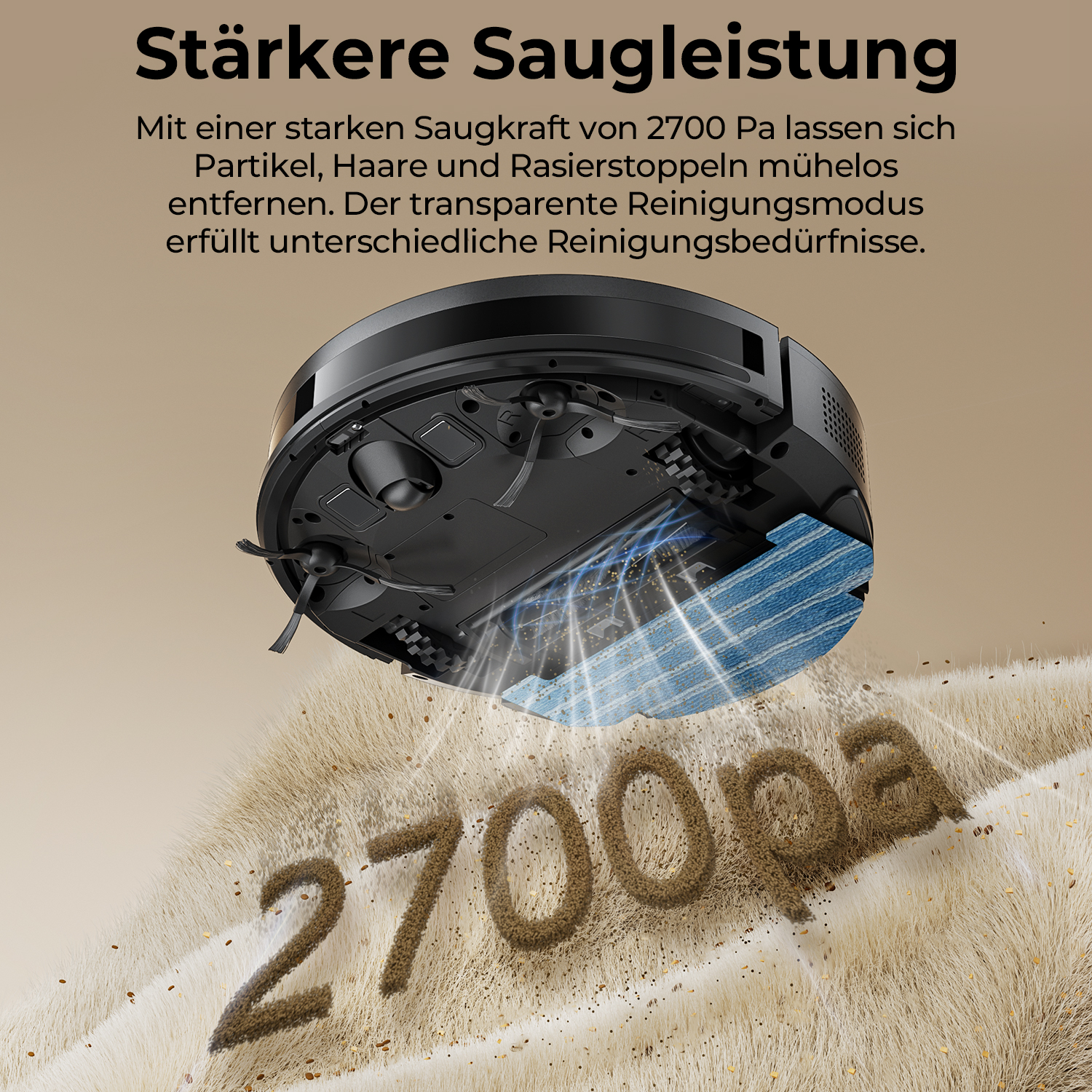 Robot sprzątający dywan. Tekst mówi, że ma dużą moc ssania 2700pa. Zbliżenie na dywan.