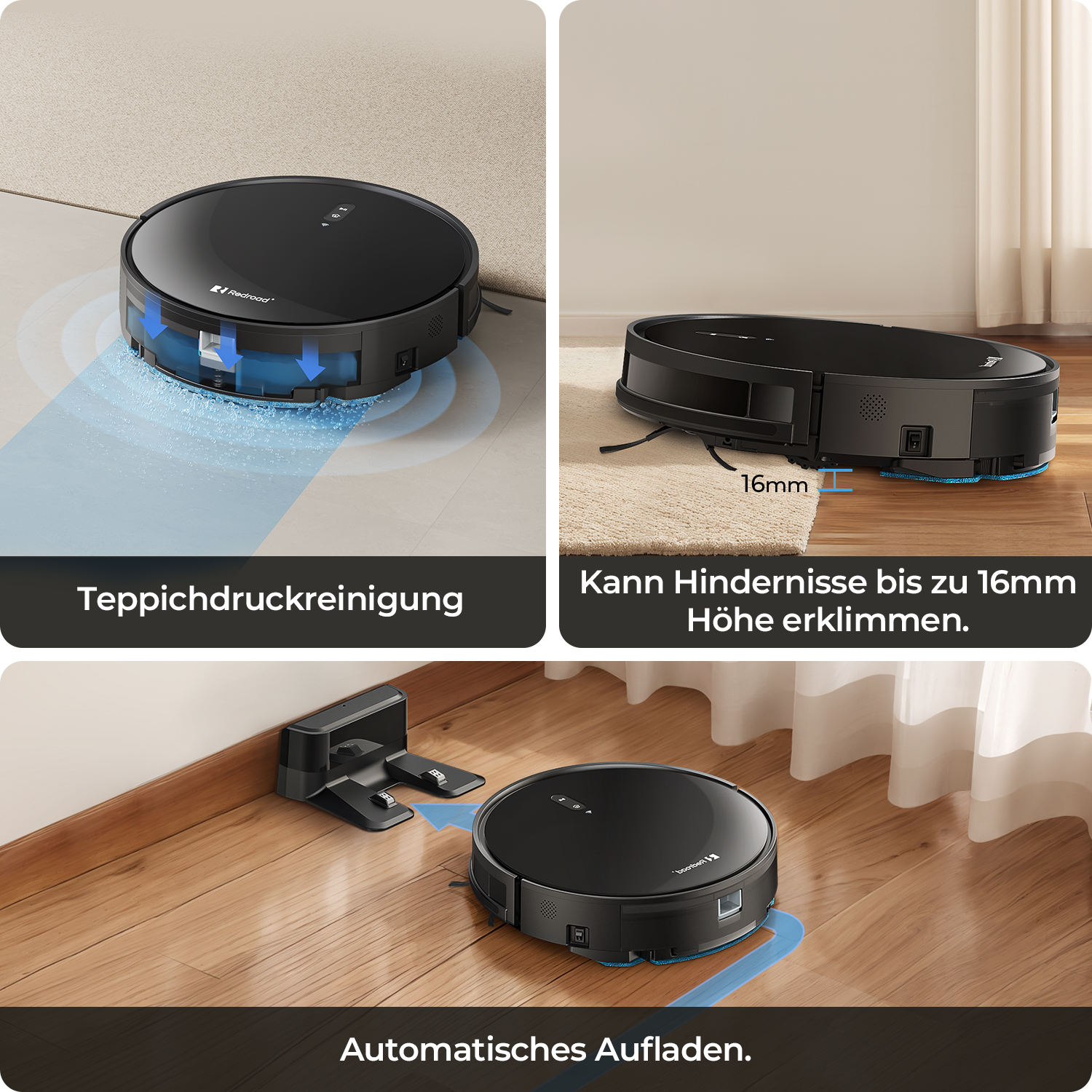 Odkurzacz robot sprzątający. Tekst: Teppichdruckreinigung, Może pokonywać przeszkody do 16 mm. Automatyczne ładowanie.