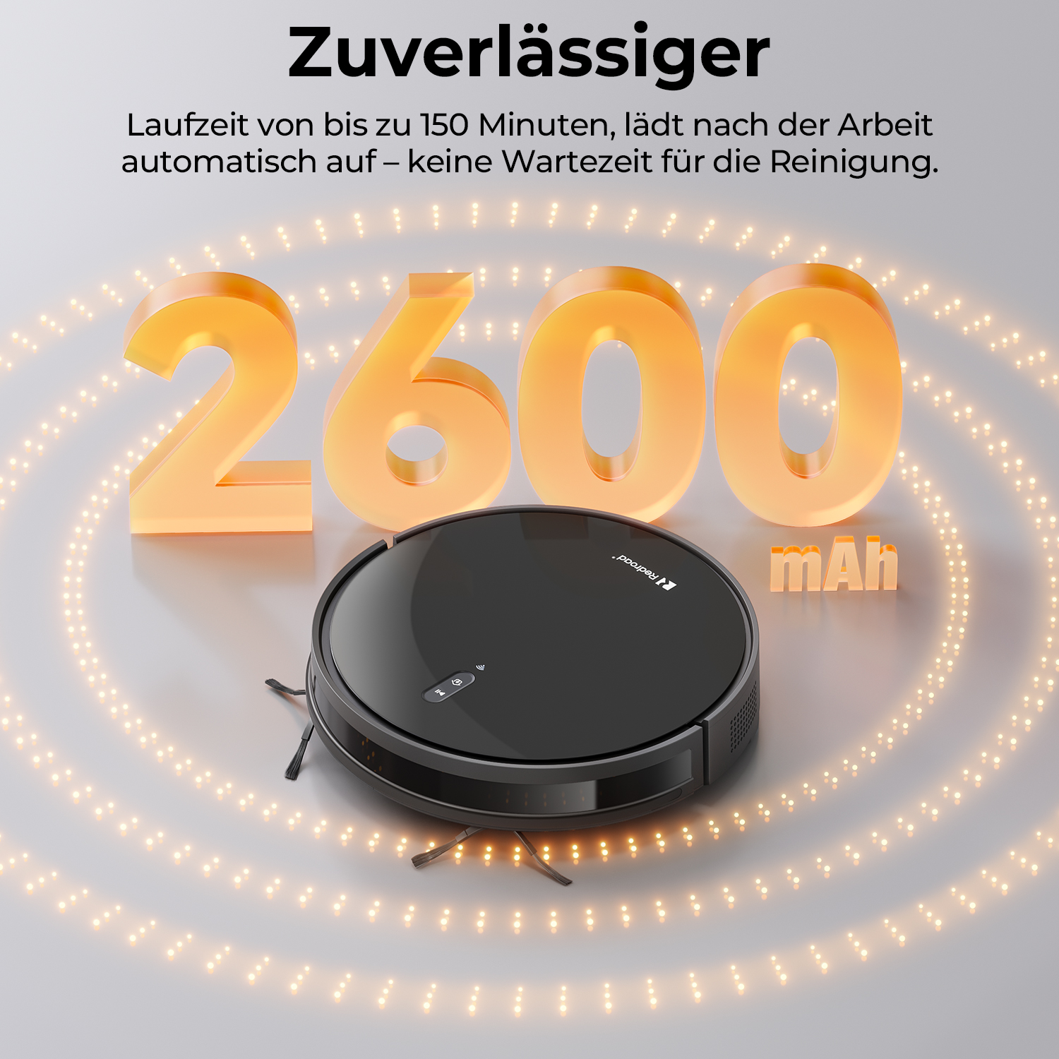 Czarny robot odkurzający ze świecącymi światłami i tekstem: 2600 mAh.