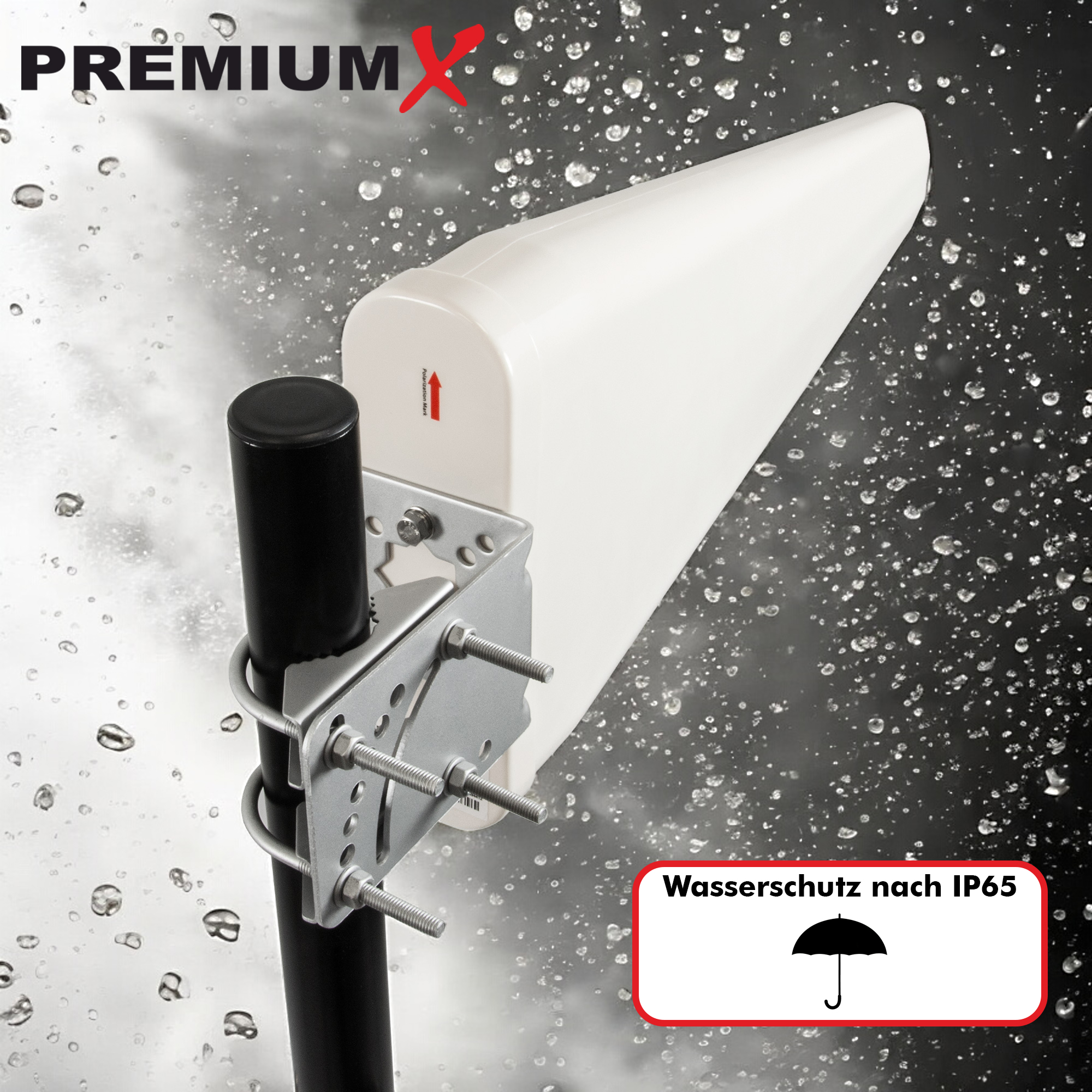 Weiße Antenne an schwarzem Mast montiert, mit Wassertropfen im Hintergrund. Text: Wasserdicht nach IP65.