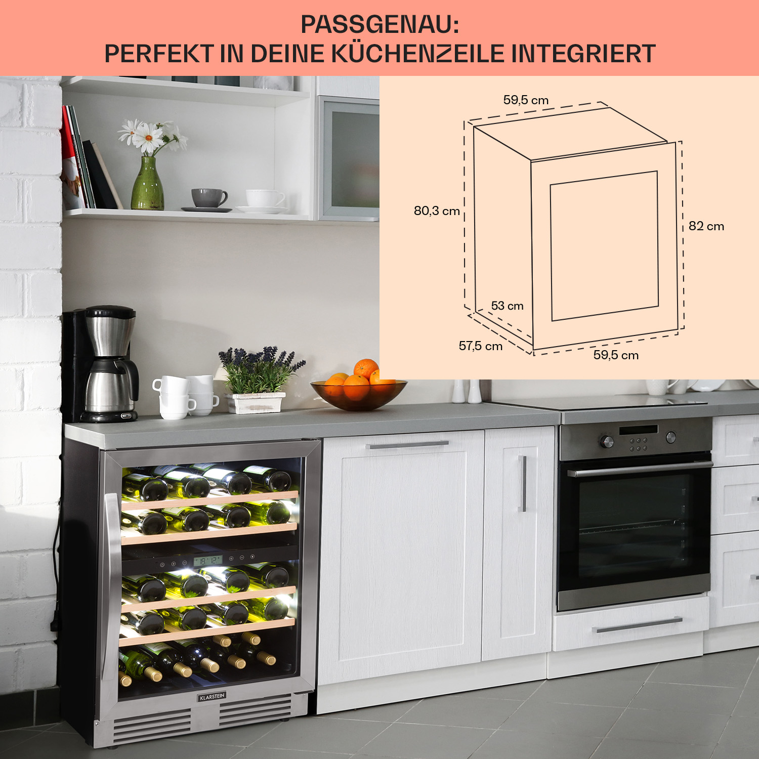 Eine Küche mit Weinkühler und Ofen. Abmessungen eines Schranks sind gezeigt.