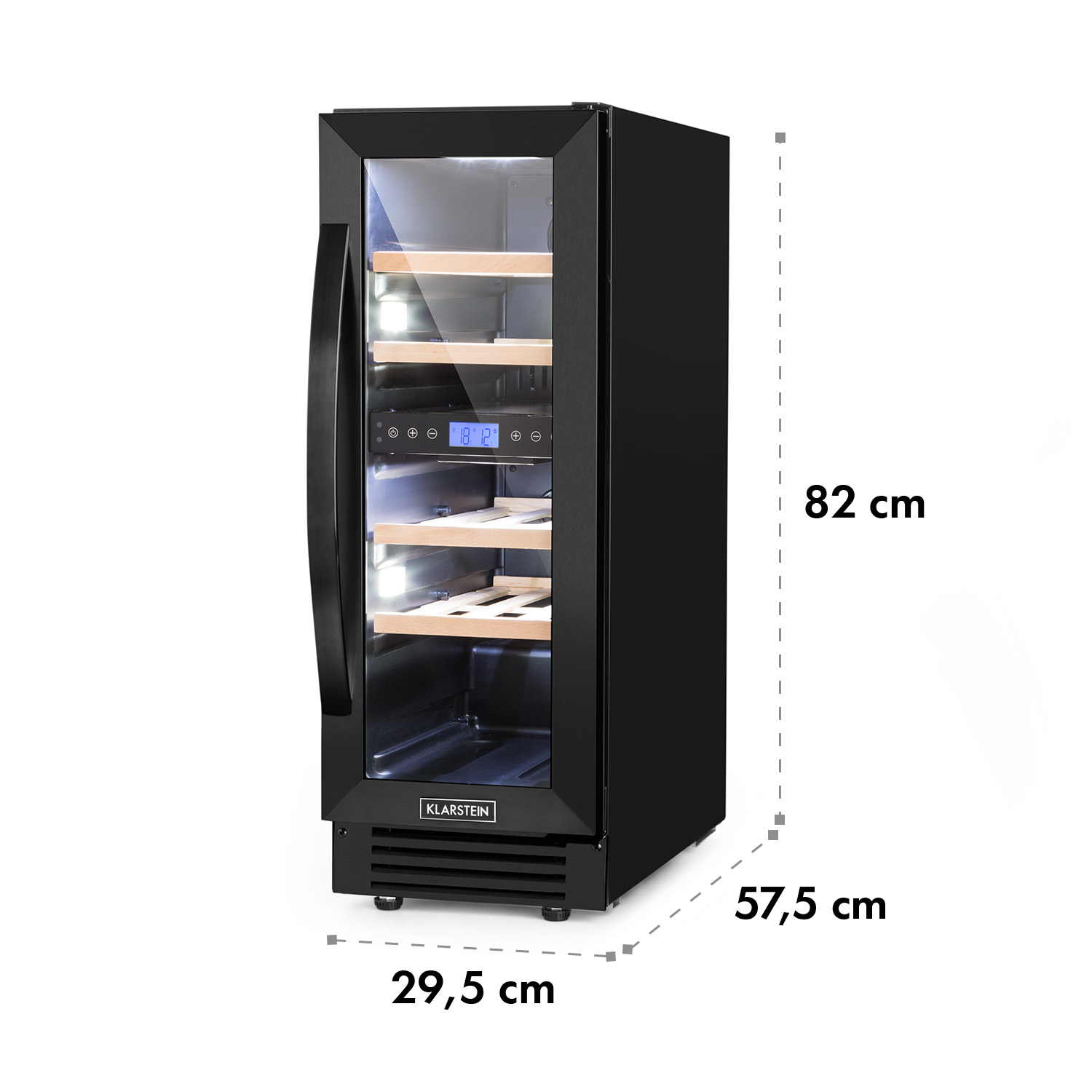 Frigorifero per vino nero con dimensioni 82x57,5x29,5 cm, con porta a vetro.