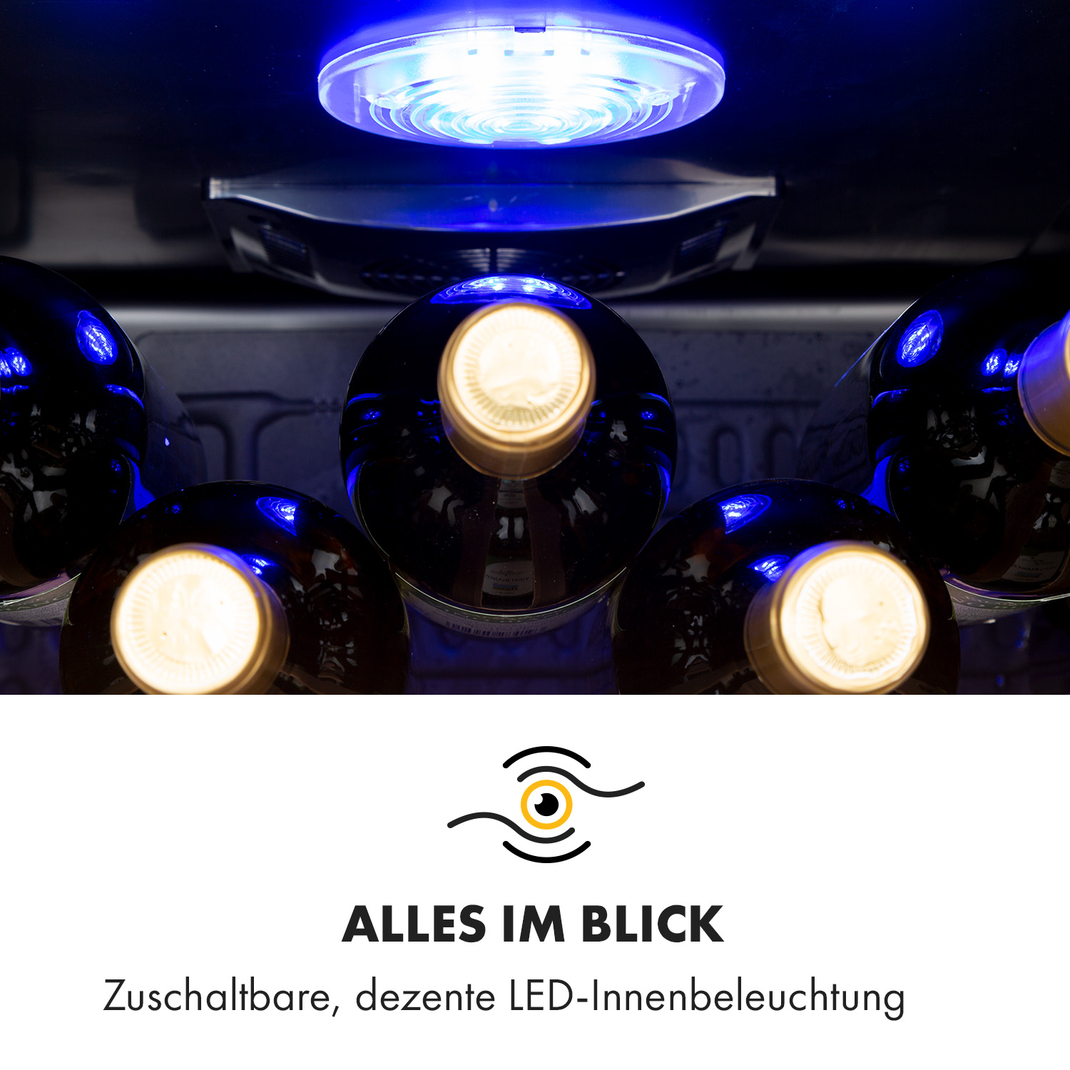 Weinflaschen mit blauen Lichtern in einem Weinkühler.