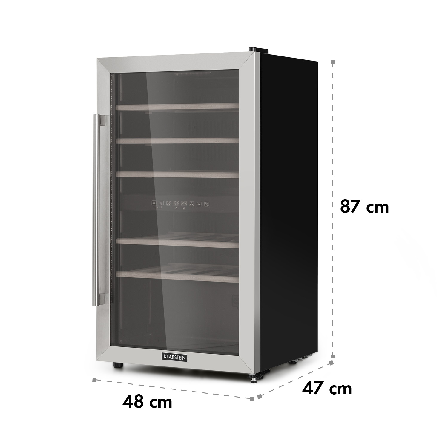 Cantinetta con porta in vetro e cornice argentata, lati neri. Dimensioni: 48x47x87 cm.