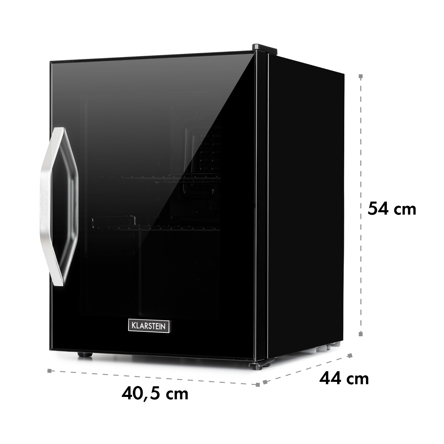 Mini frigo nero con porta a vetro. Le dimensioni sono indicate.