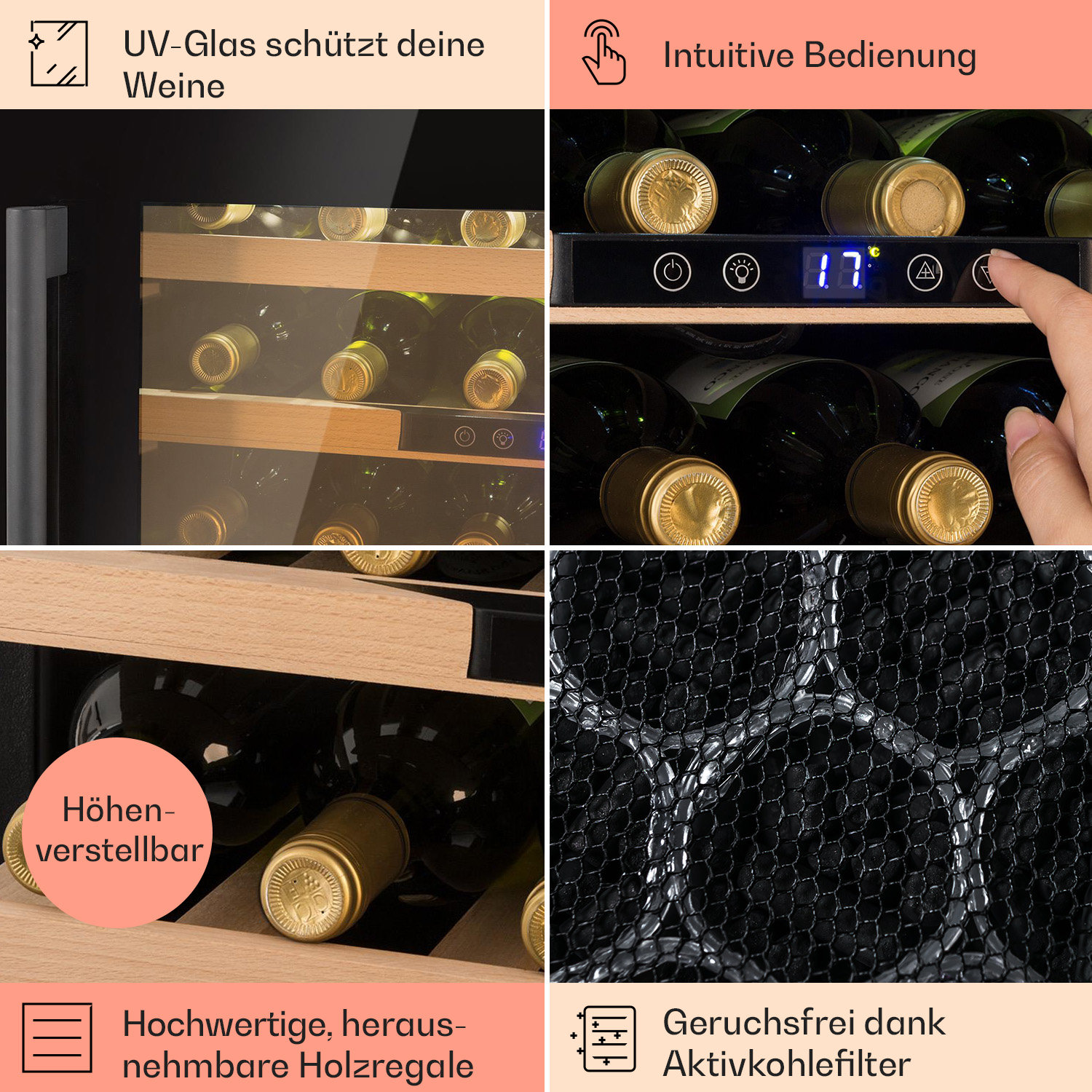 Weinkühlschrank mit UV-Glas, verstellbaren Regalen und Aktivkohlefilter, Details.