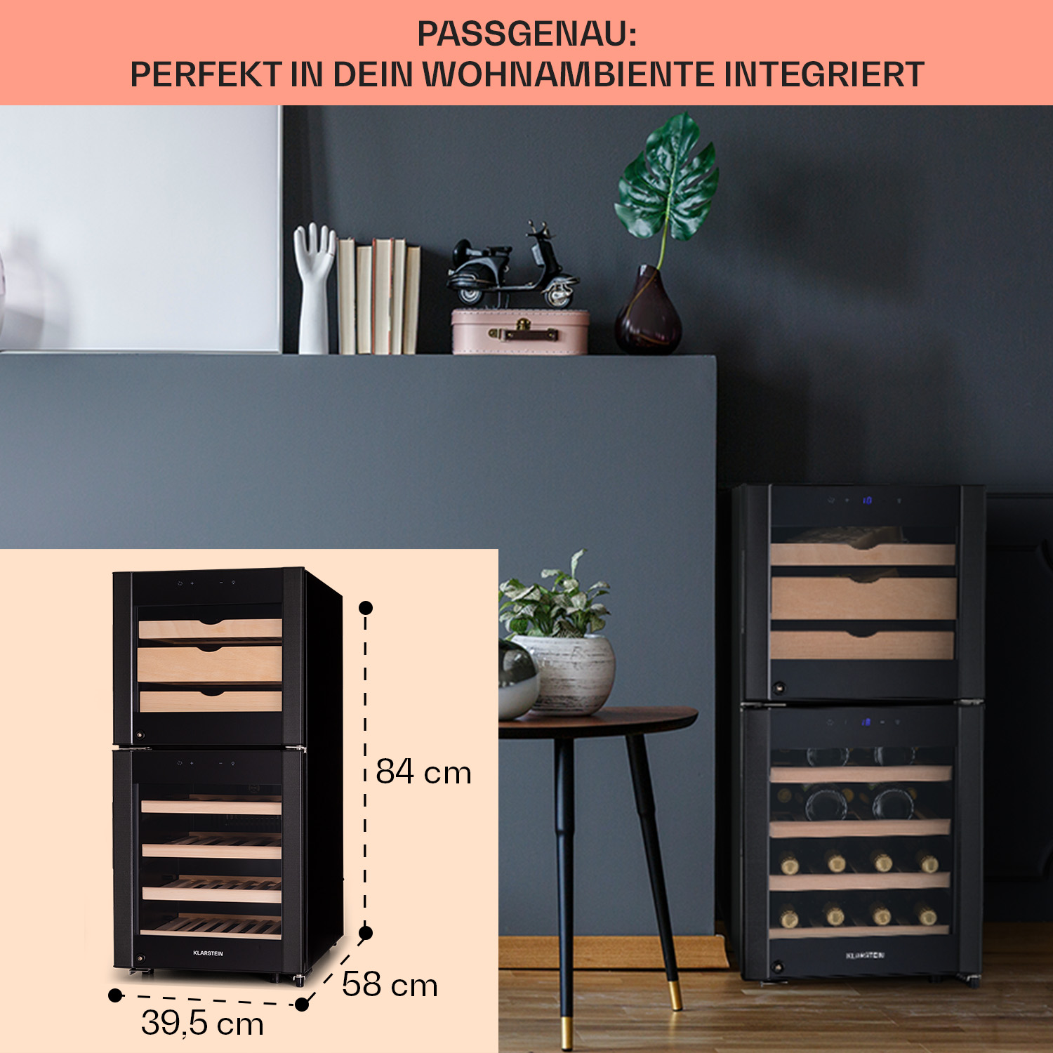 Cantinette con dimensioni indicate. Testo: "PERFETTAMENTE INTEGRATO NEL TUO AMBIENTE ABITATIVO". Un tavolo con un vaso.