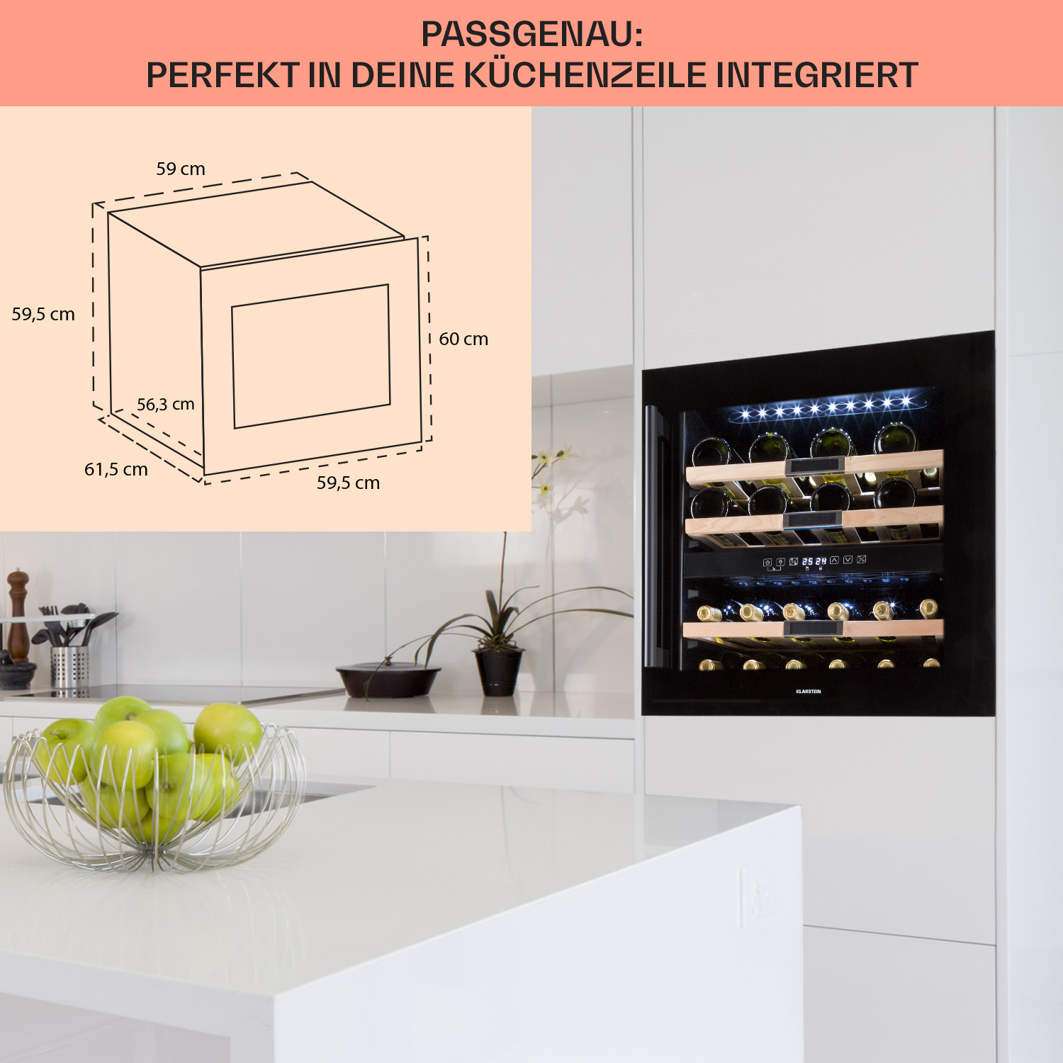 Una cantinetta integrata in un mobile da cucina con dimensioni e un diagramma.