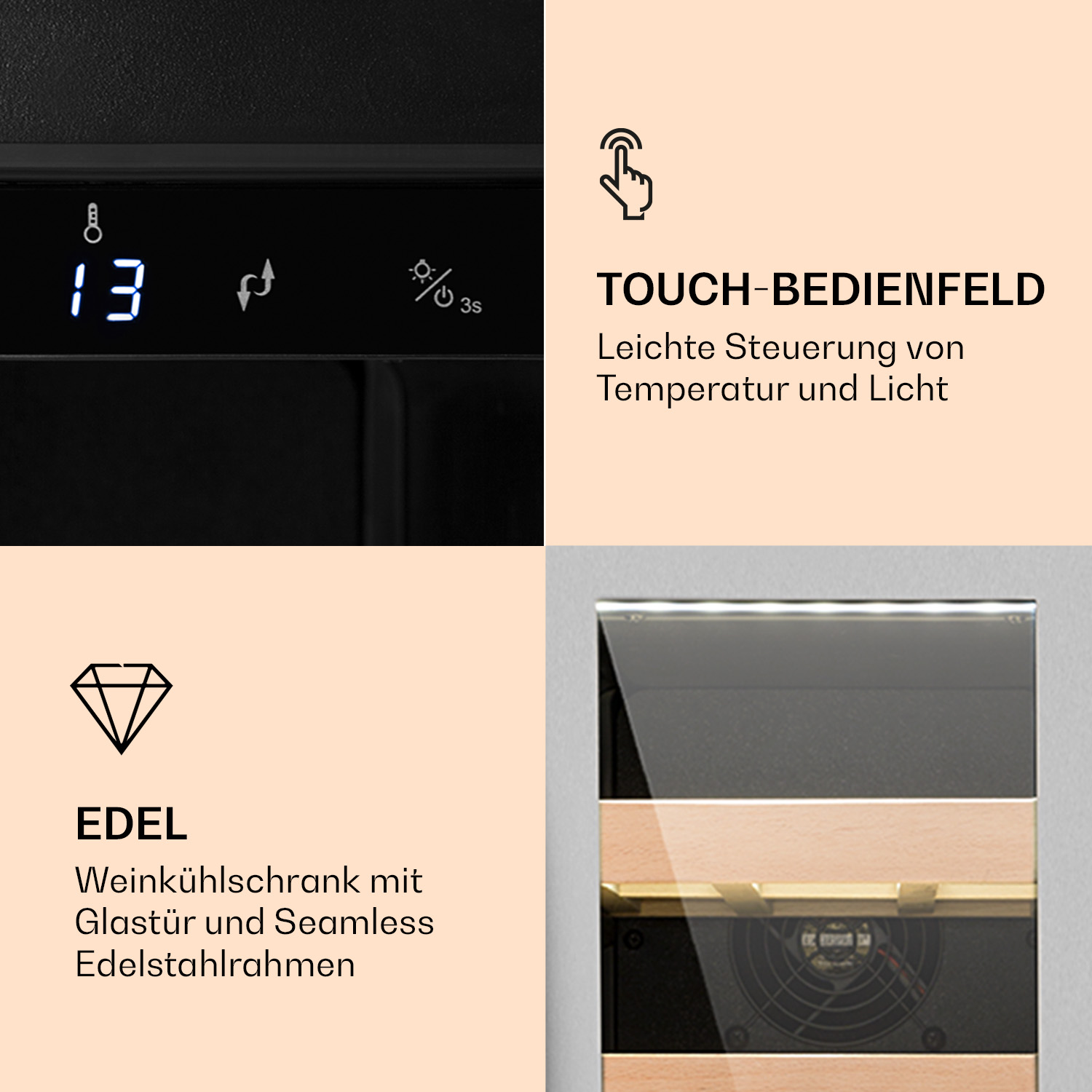 Una cantinetta con un display digitale che mostra la temperatura e un pannello di controllo touch.
