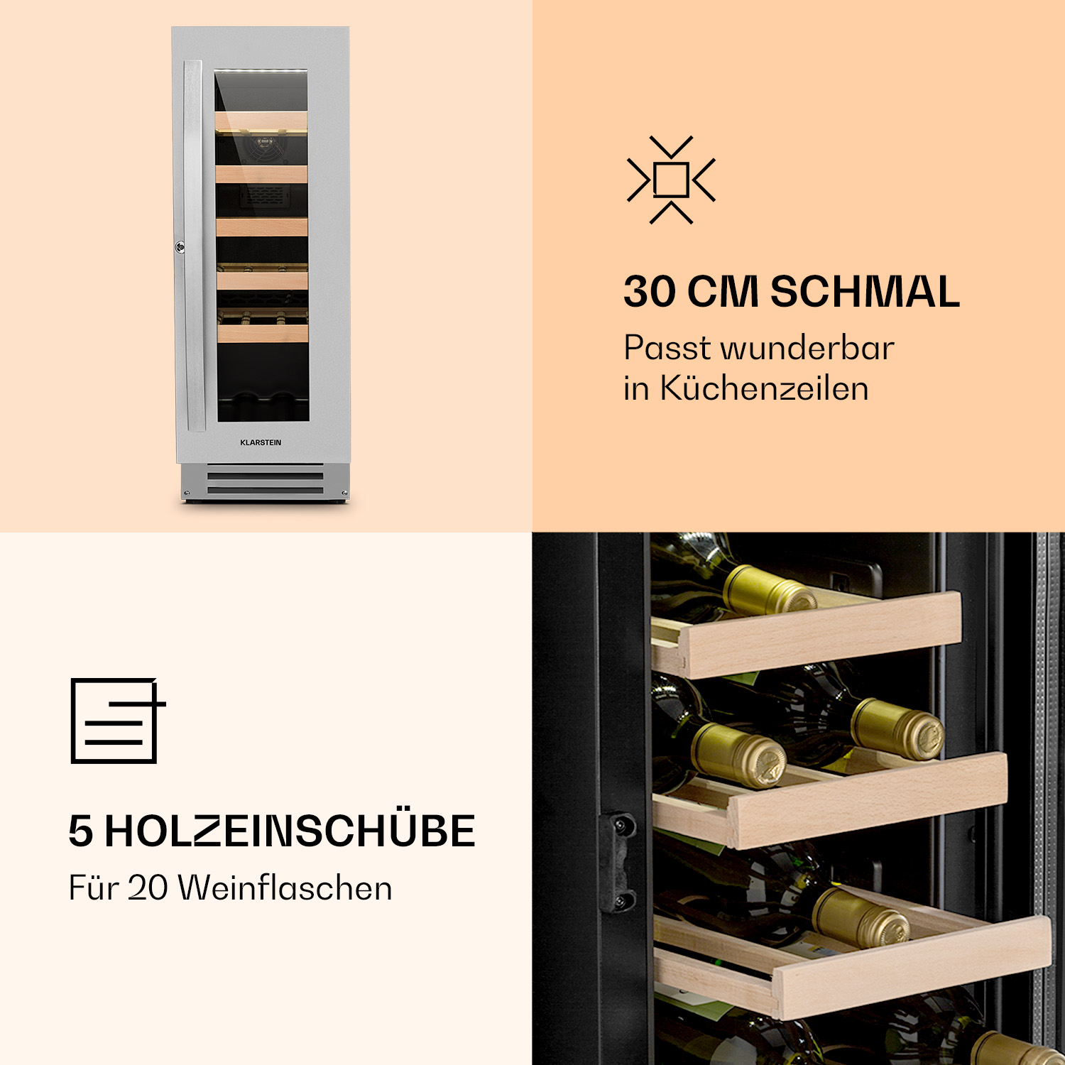 Cantinetta alta e argentata con bottiglie di vino. Testo: 5 ripiani in legno. Sfondo beige.