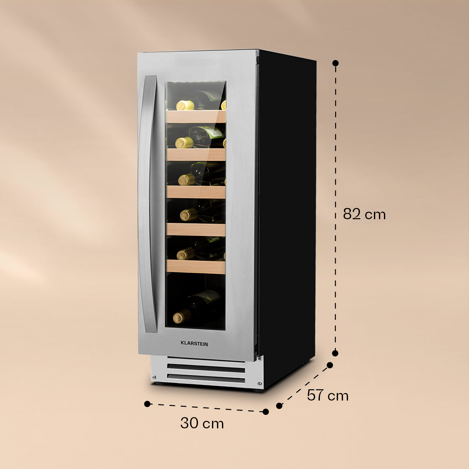 Cantinetta in acciaio inox con porta in vetro che mostra bottiglie di vino, dimensioni etichettate.