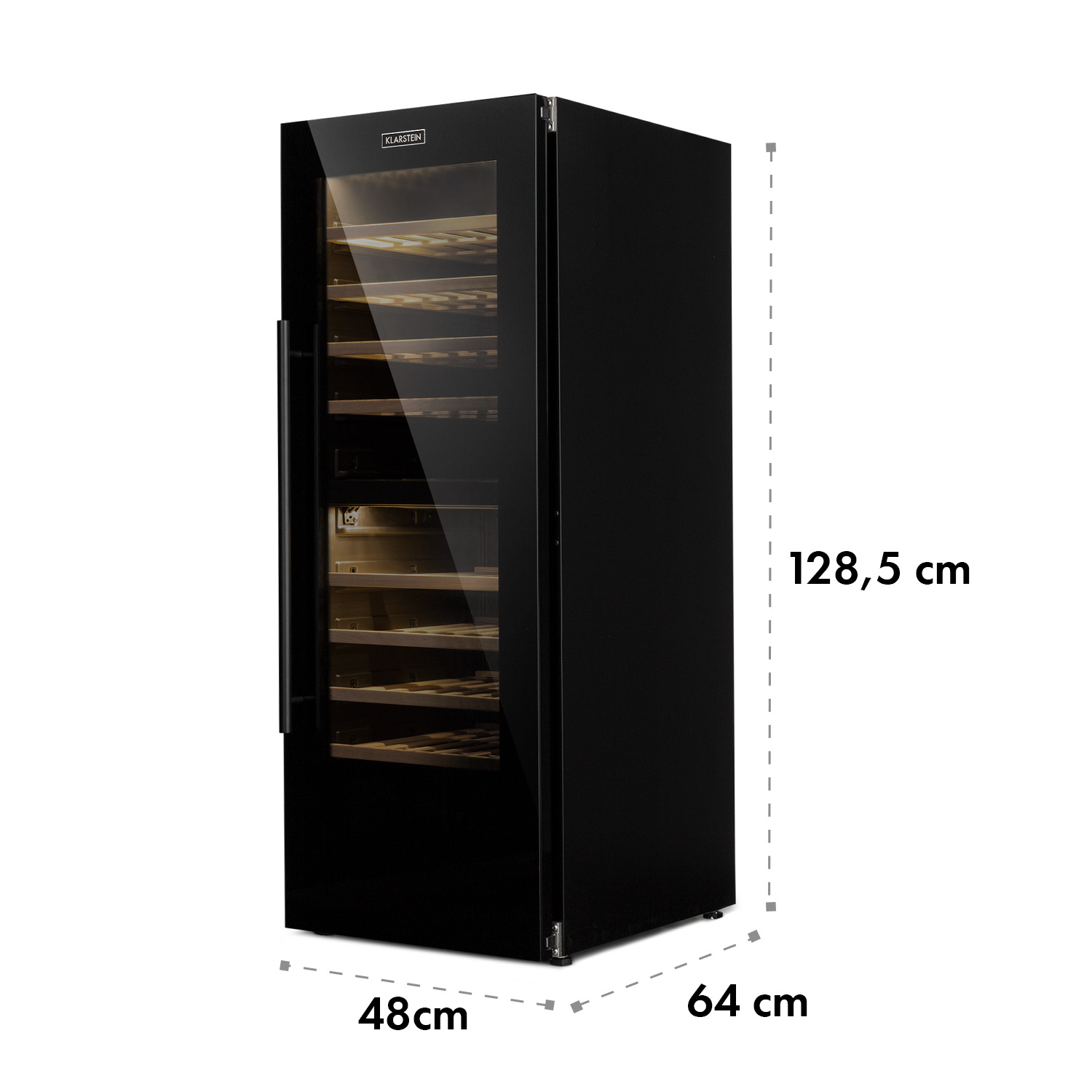 Una vinoteca negra con dimensiones listadas a la derecha.