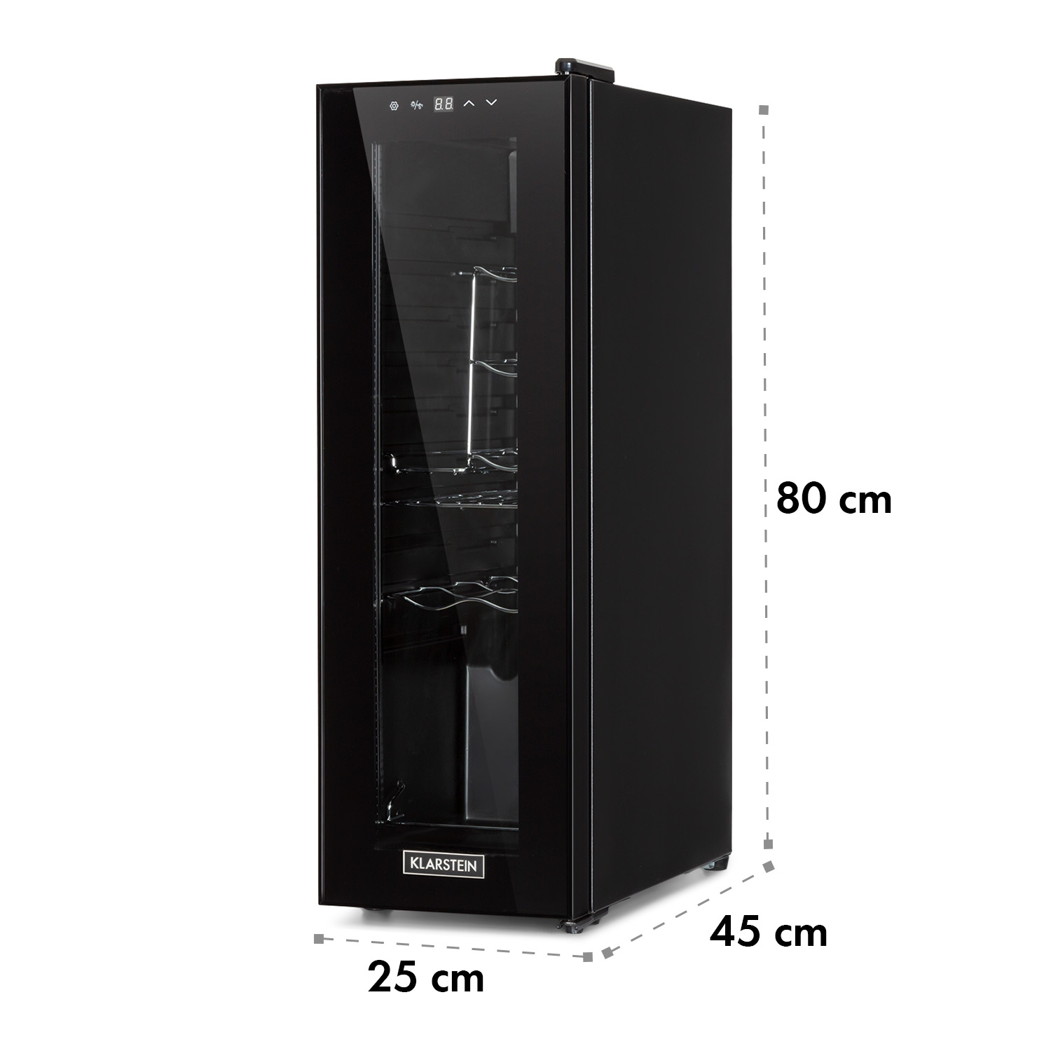 Un refrigeratore per vino nero. È alto e rettangolare. Ha le dimensioni indicate sul lato.