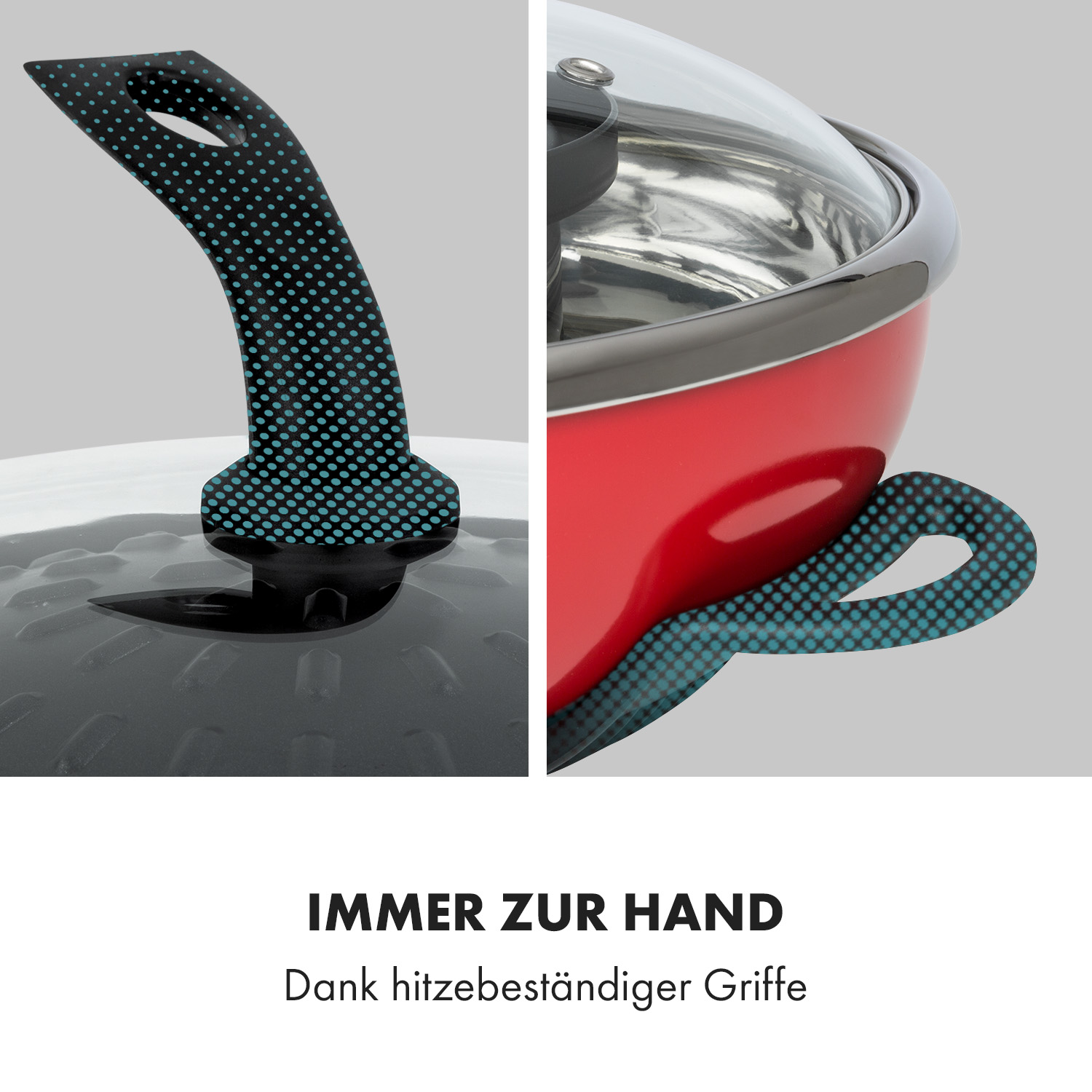 Nahaufnahme des roten Topfgriffs mit blauen Punkten und schwarzem Deckel mit Griff.