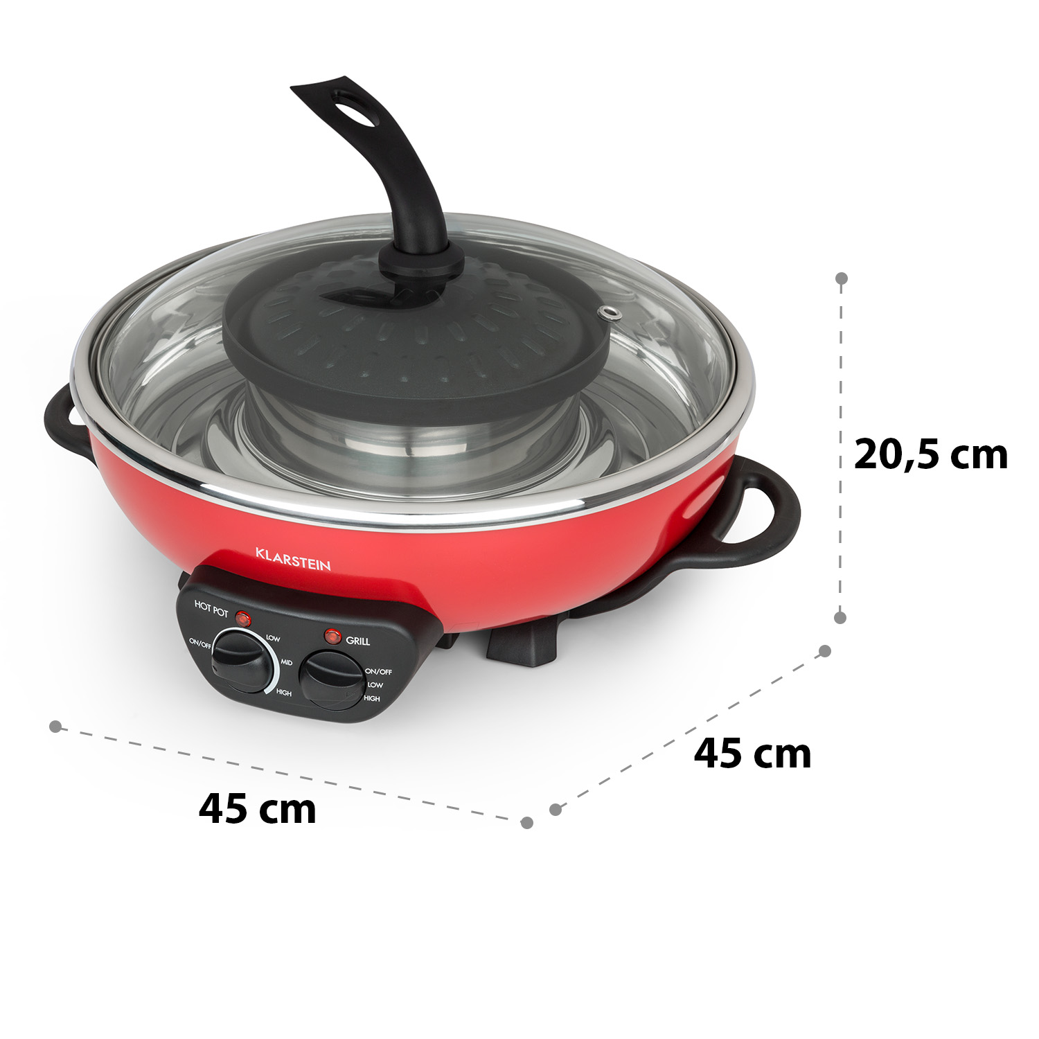 Roter elektrischer Hot Pot mit Glasdeckel und Maßangaben.