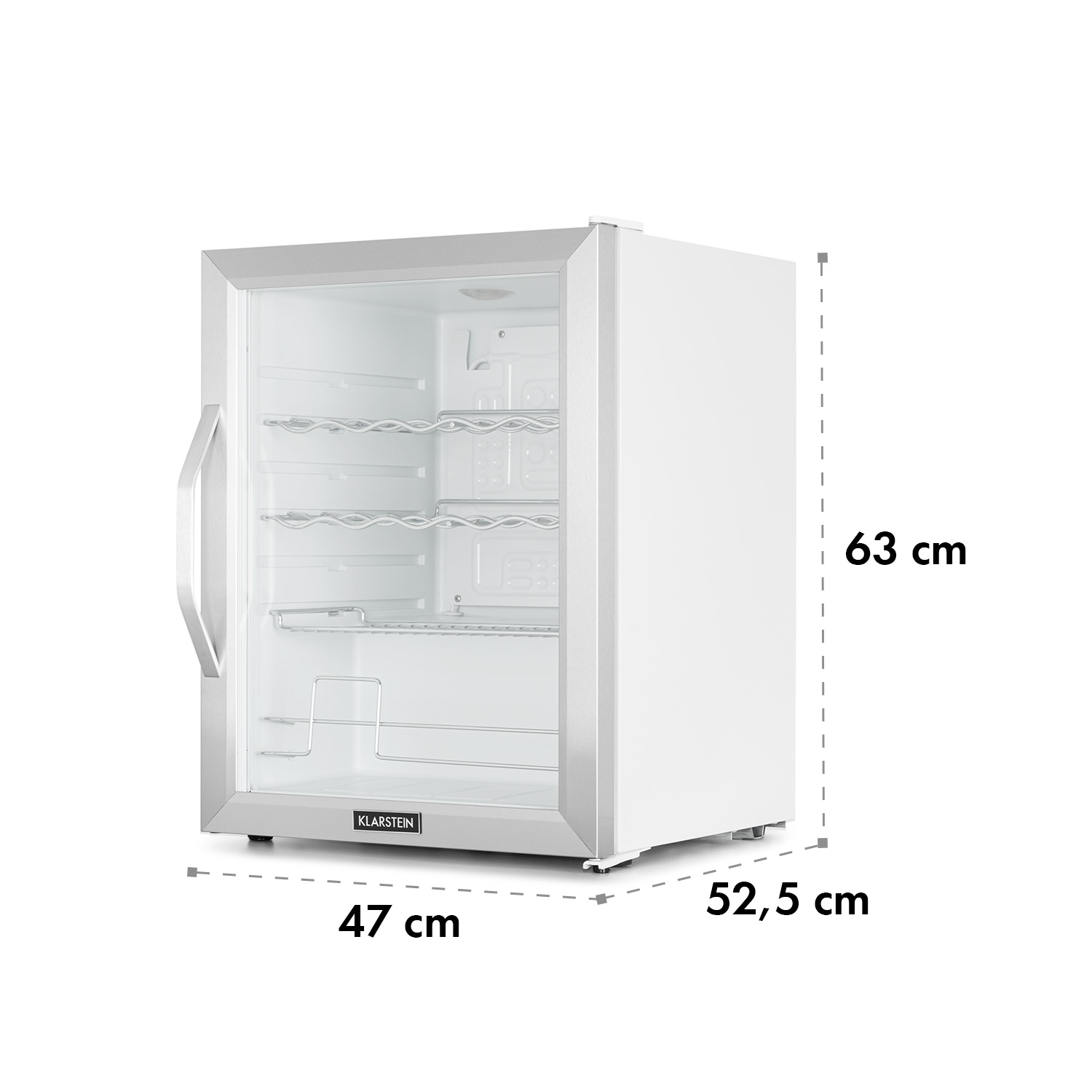 Un refrigerador blanco con puerta de vidrio y dimensiones marcadas.