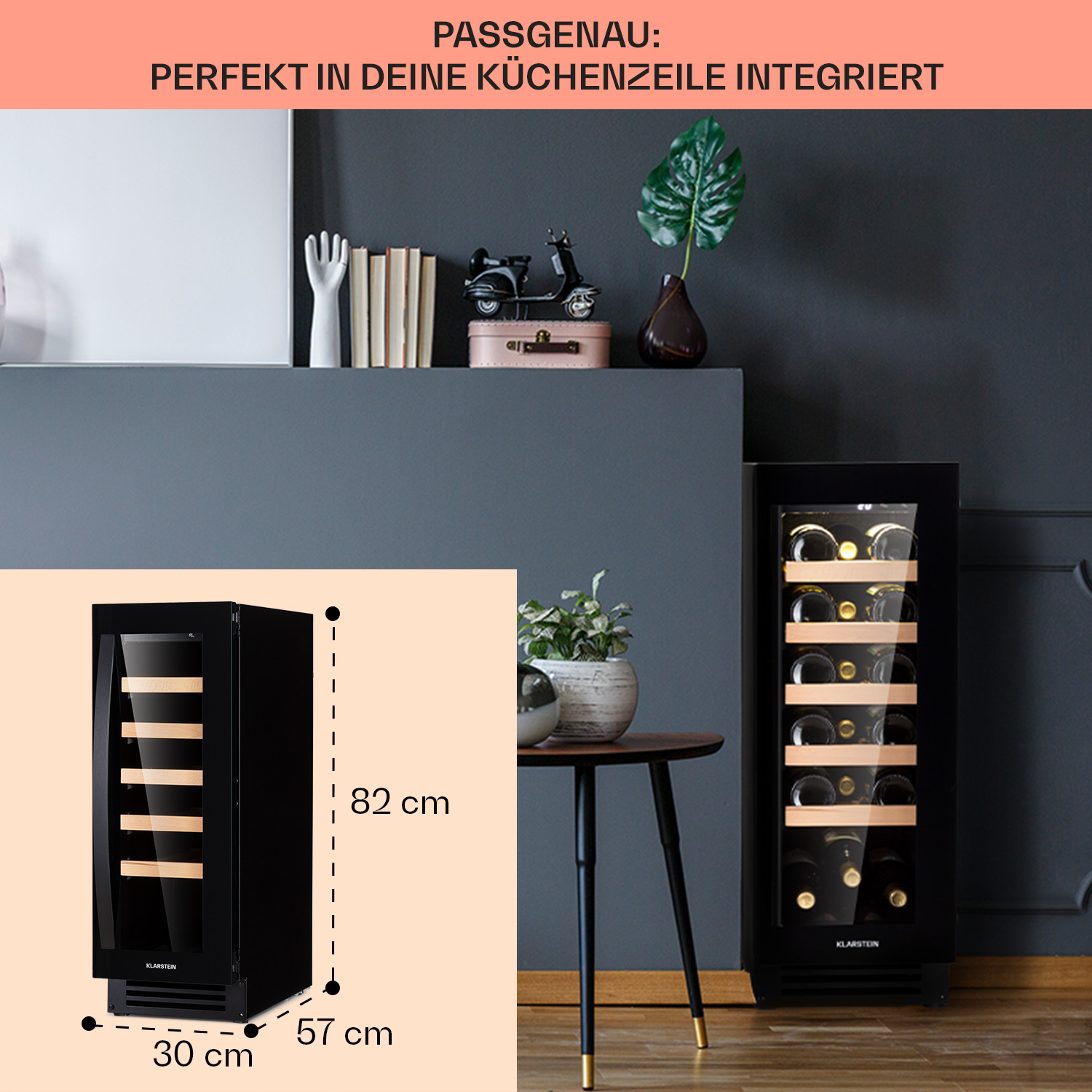 Schwarzer Weinkühler mit detailliertem Diagramm und Produktmaßen.