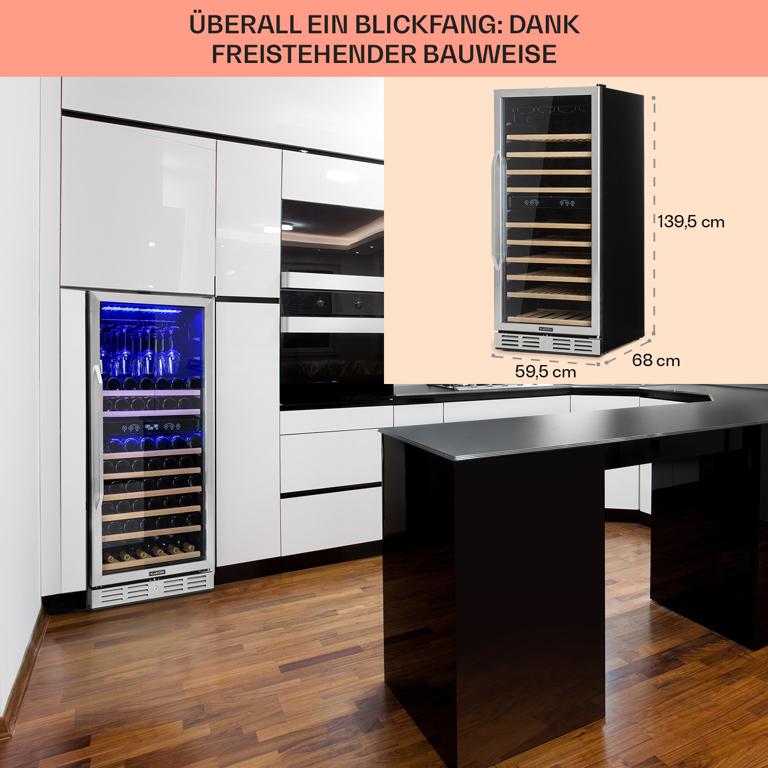 Frigorifero per vino nero e argento in cucina moderna.
