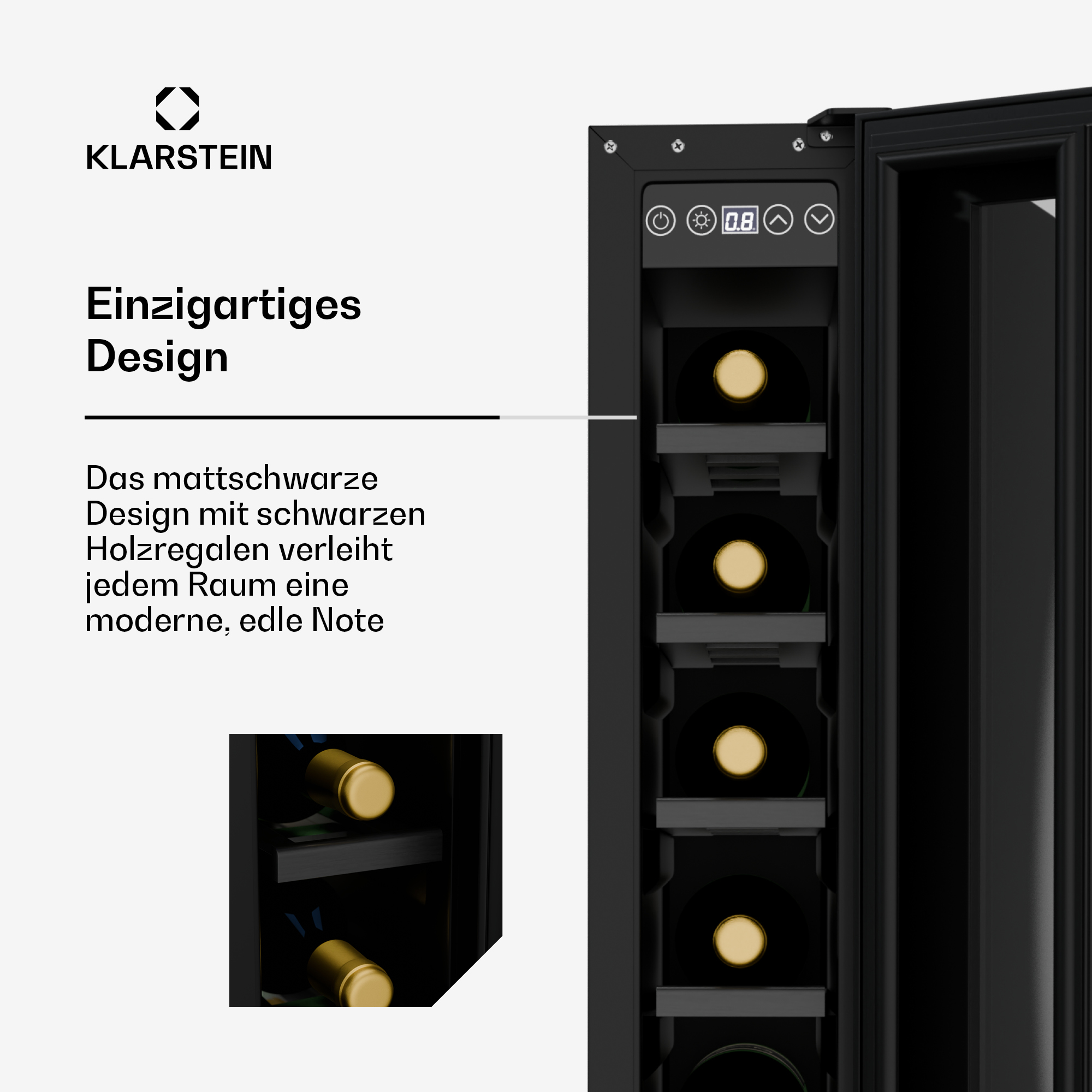 Design cantinetta nero con bottiglie. Ripiani in legno, display digitale e vista dettagliata.