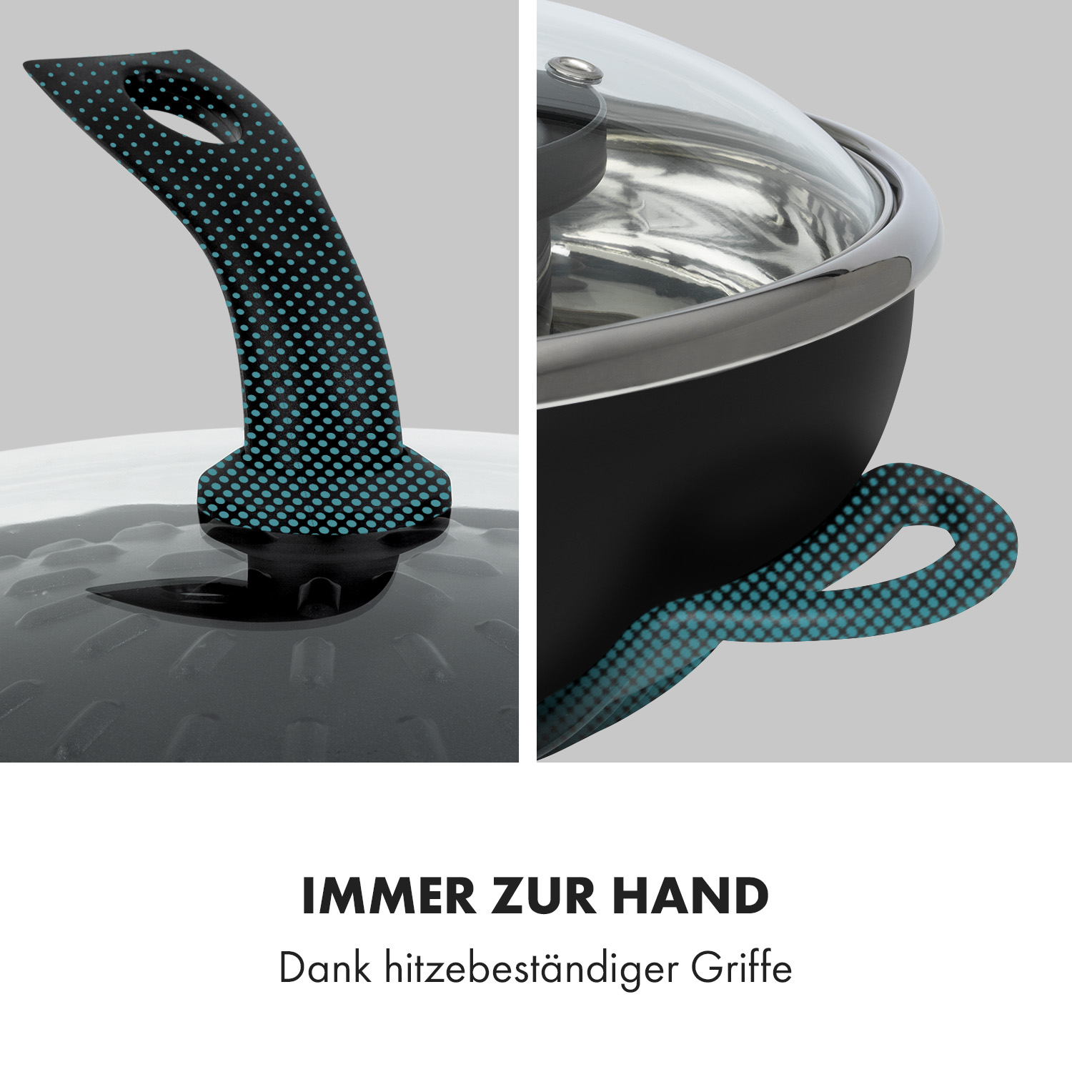 Eine schwarze Pfanne mit Glasdeckel und gemustertem Griff.