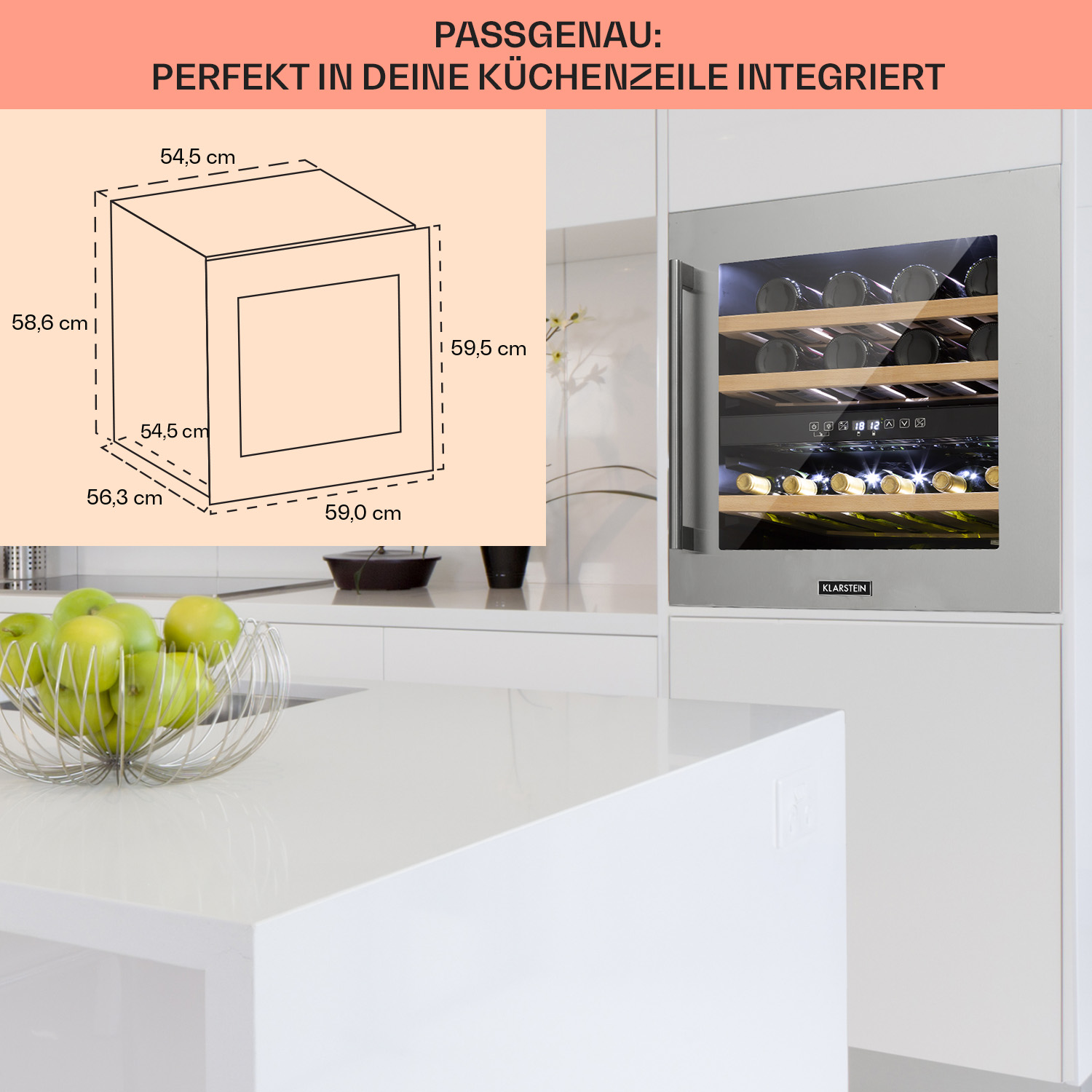 Un refrigeratore per vini da incasso in una cucina, con dimensioni. Mele in una ciotola in primo piano.