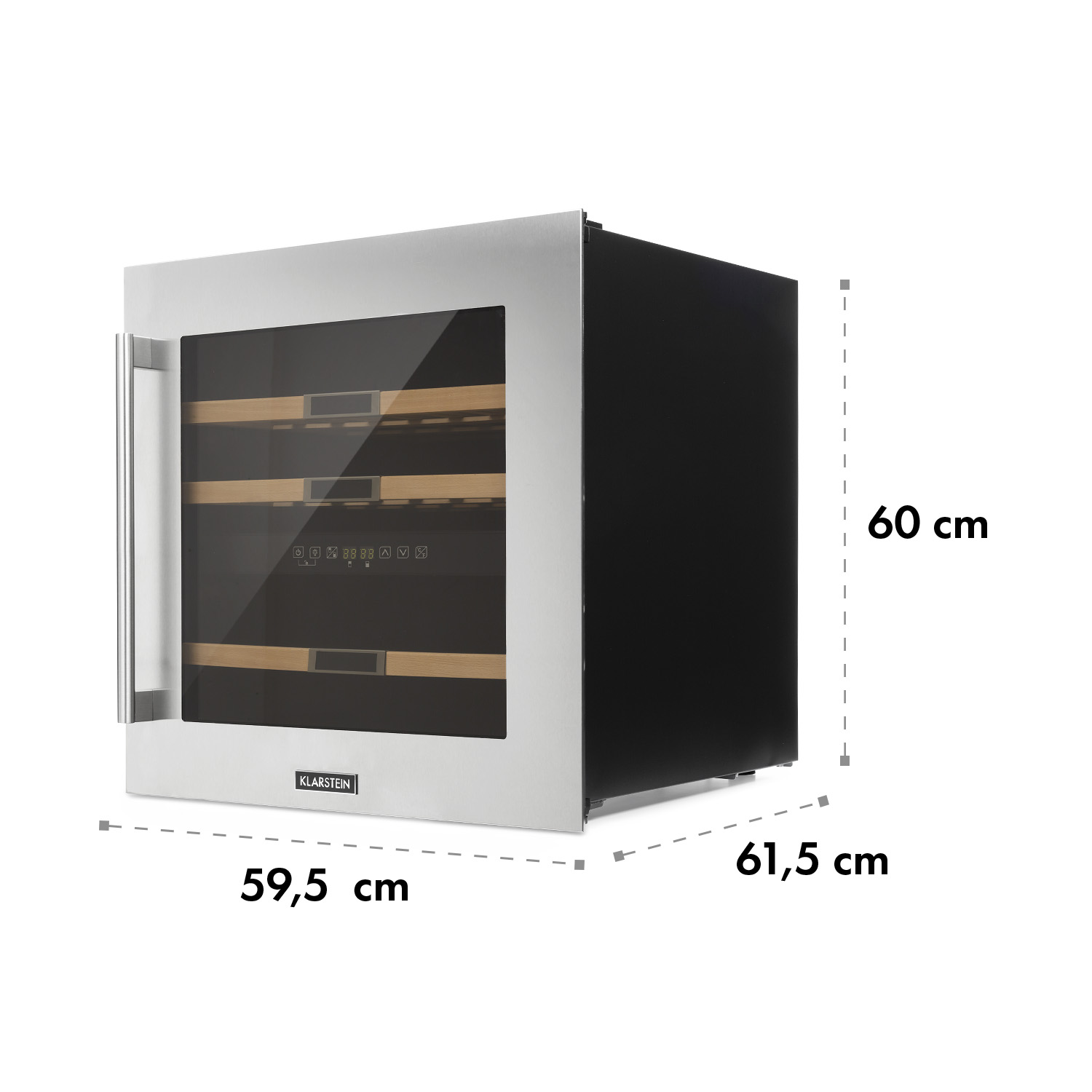 Cantinetta vino in acciaio inox, dimensioni: 59,5x61,5x60cm. Porta in vetro e ripiani in legno.