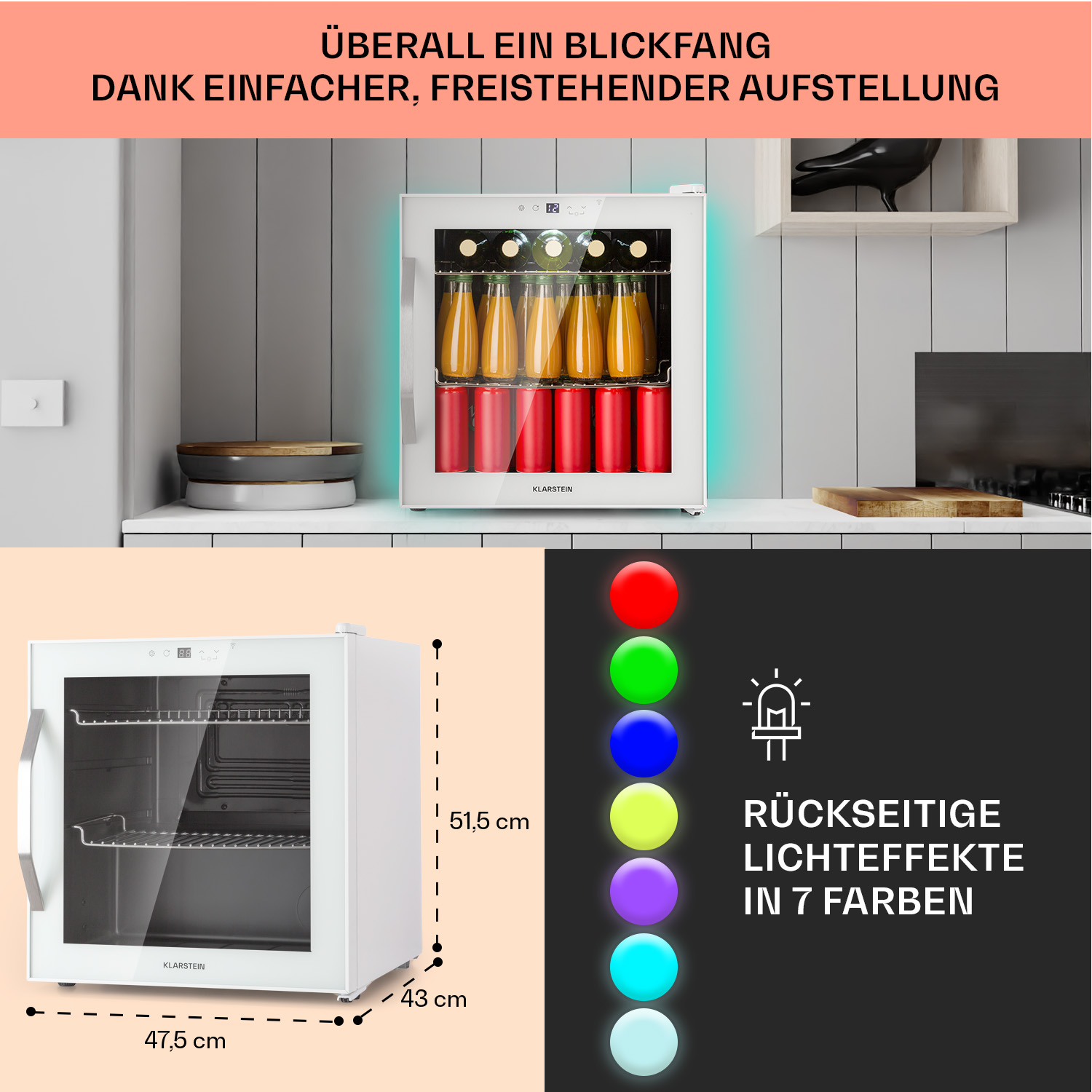 Mini frigo bianco con porta a vetro, che mostra bevande, con effetti luce e dimensioni.