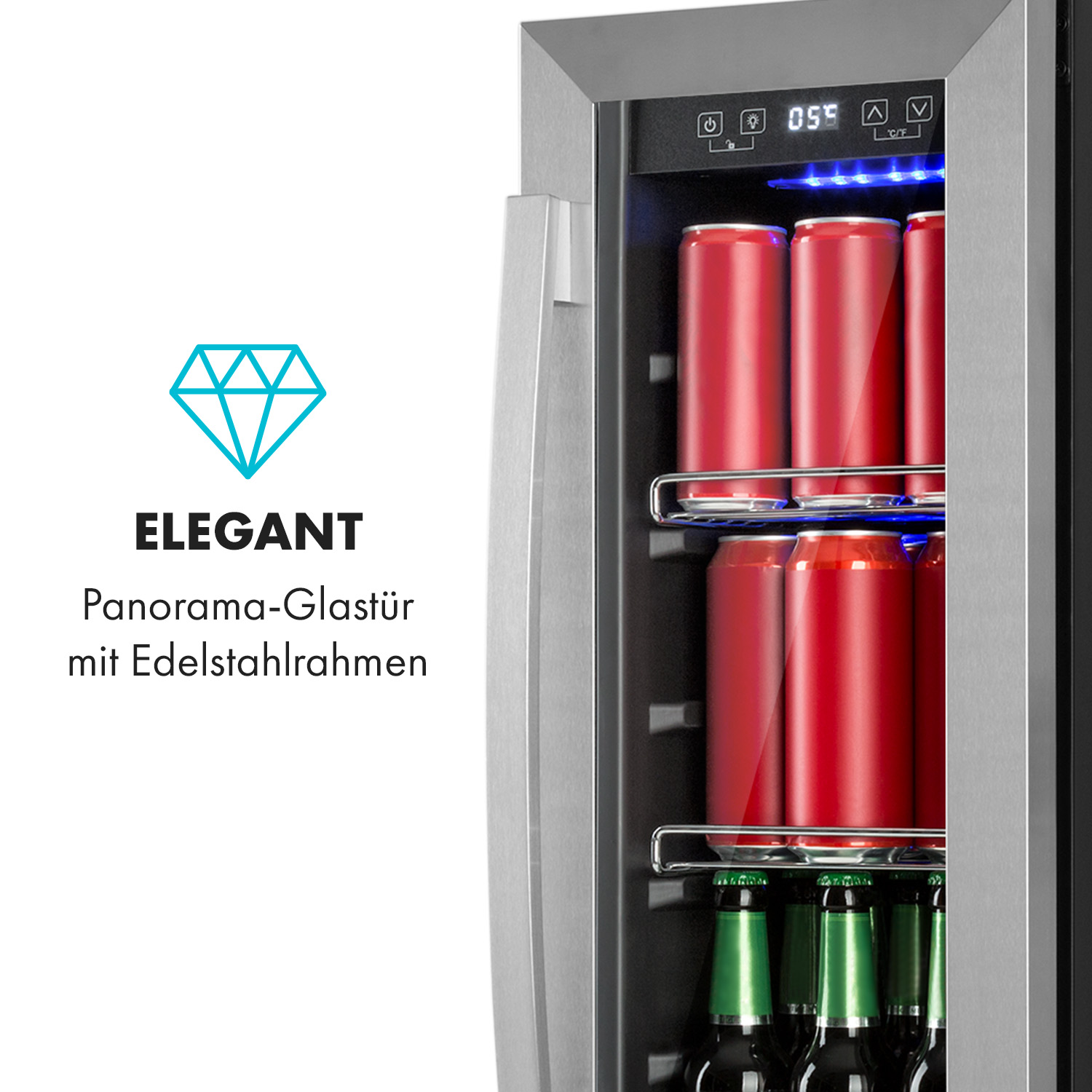 Kühlschranktür mit roten Dosen und grünen Flaschen.