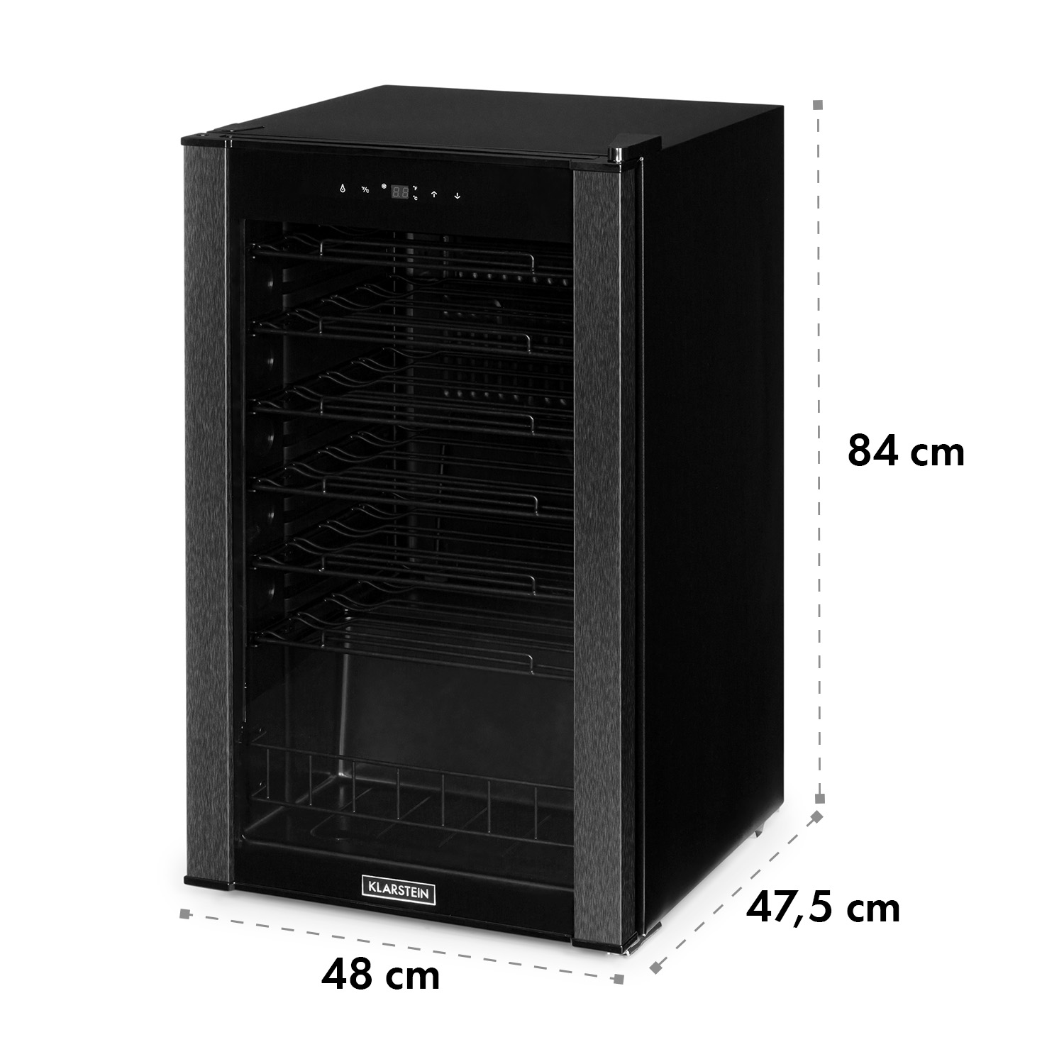 Frigorifero per vini nero con porta in vetro, dimensioni 48x47,5x84 cm.