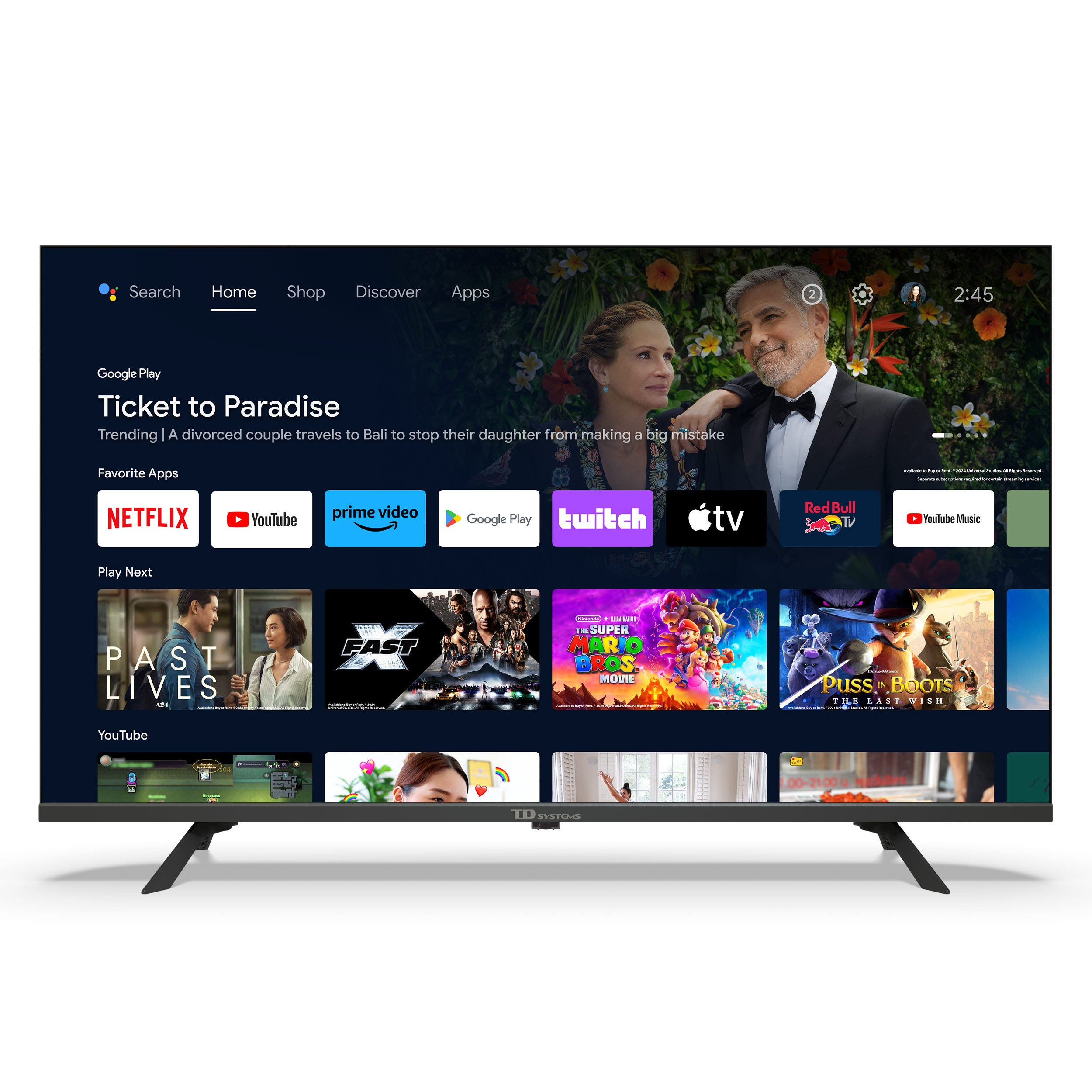 Televisor grande mostrando un servicio de streaming con opciones de películas. George Clooney y Julia Roberts.