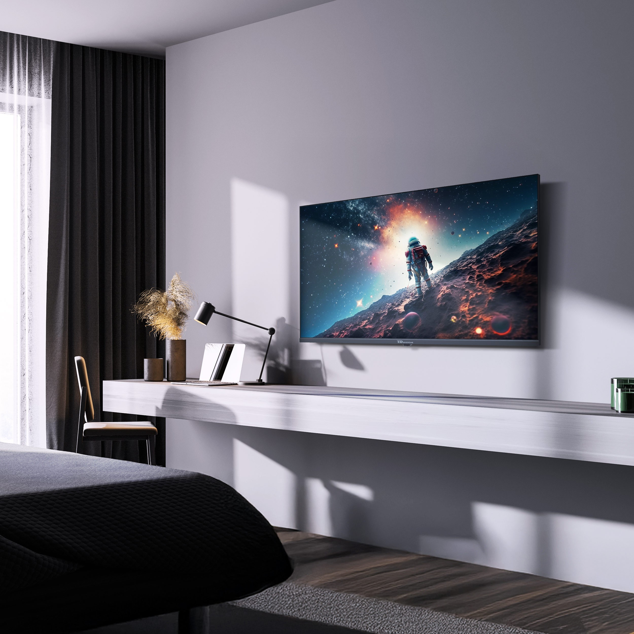 Un televisor grande montado en una pared en una habitación. Muestra un astronauta en un planeta. Un escritorio está debajo.