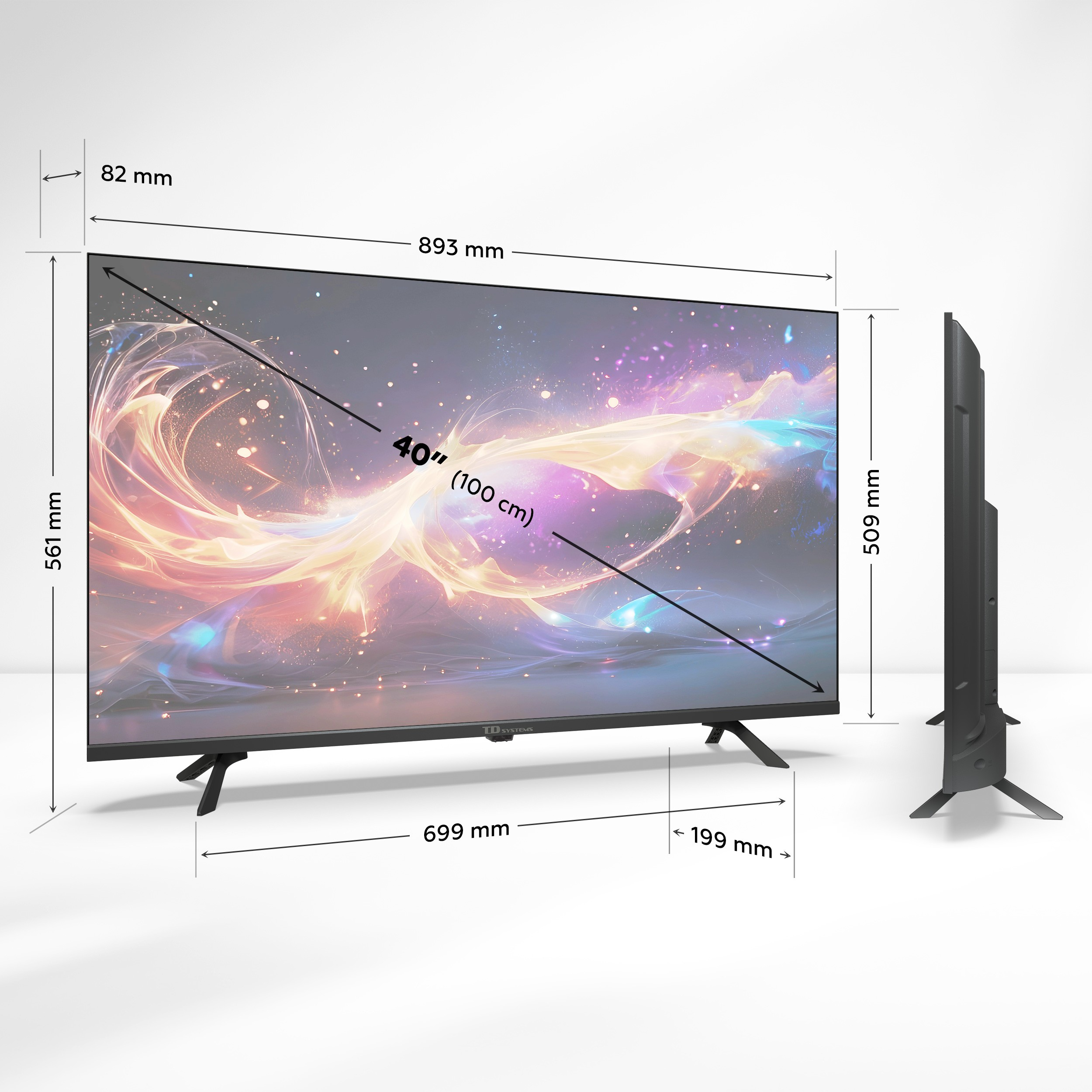 Una pantalla de TV grande que muestra colores y dimensiones, junto a una vista lateral del televisor.