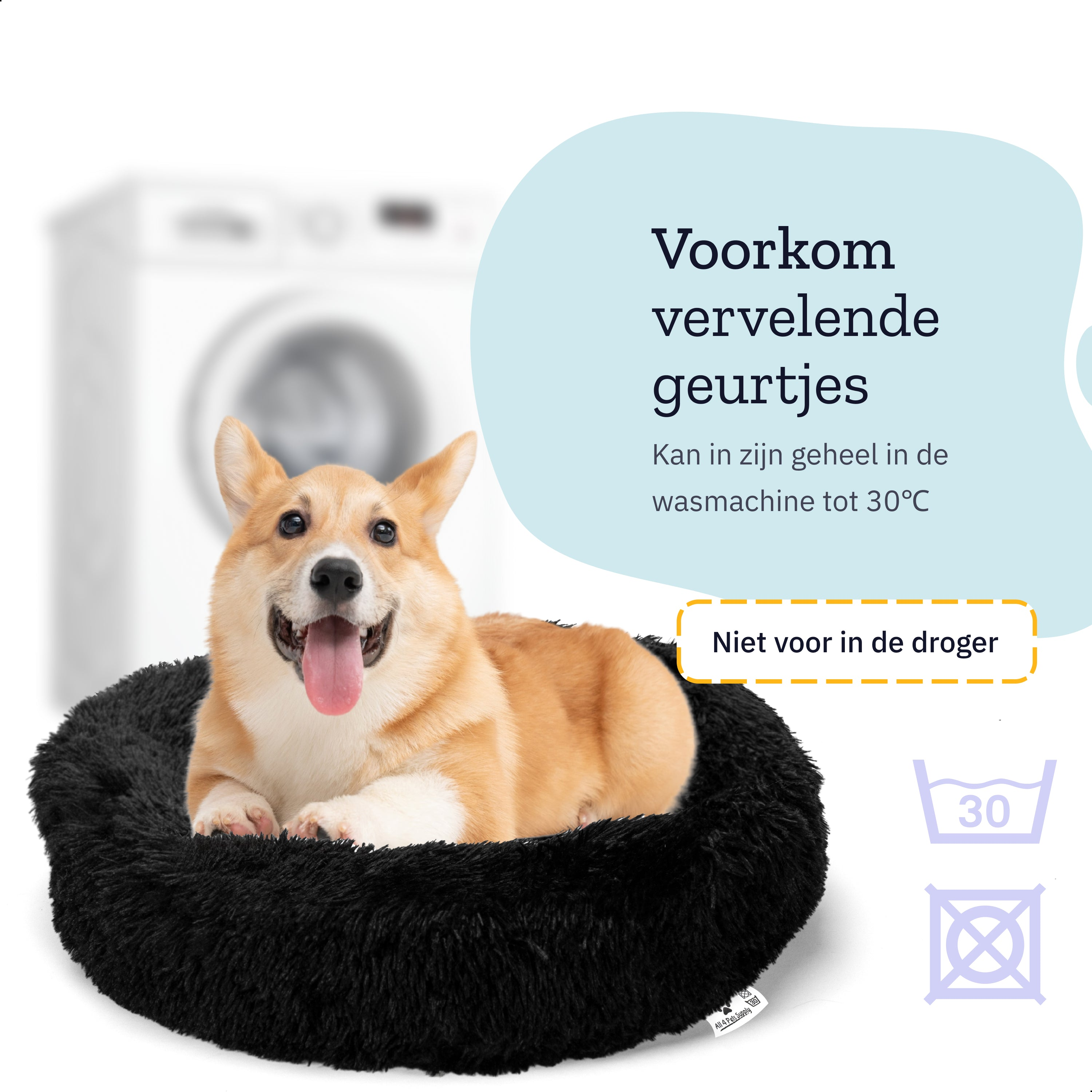 Dog in a black fluffy bed, with text about preventing odors. Washing machine graphic.