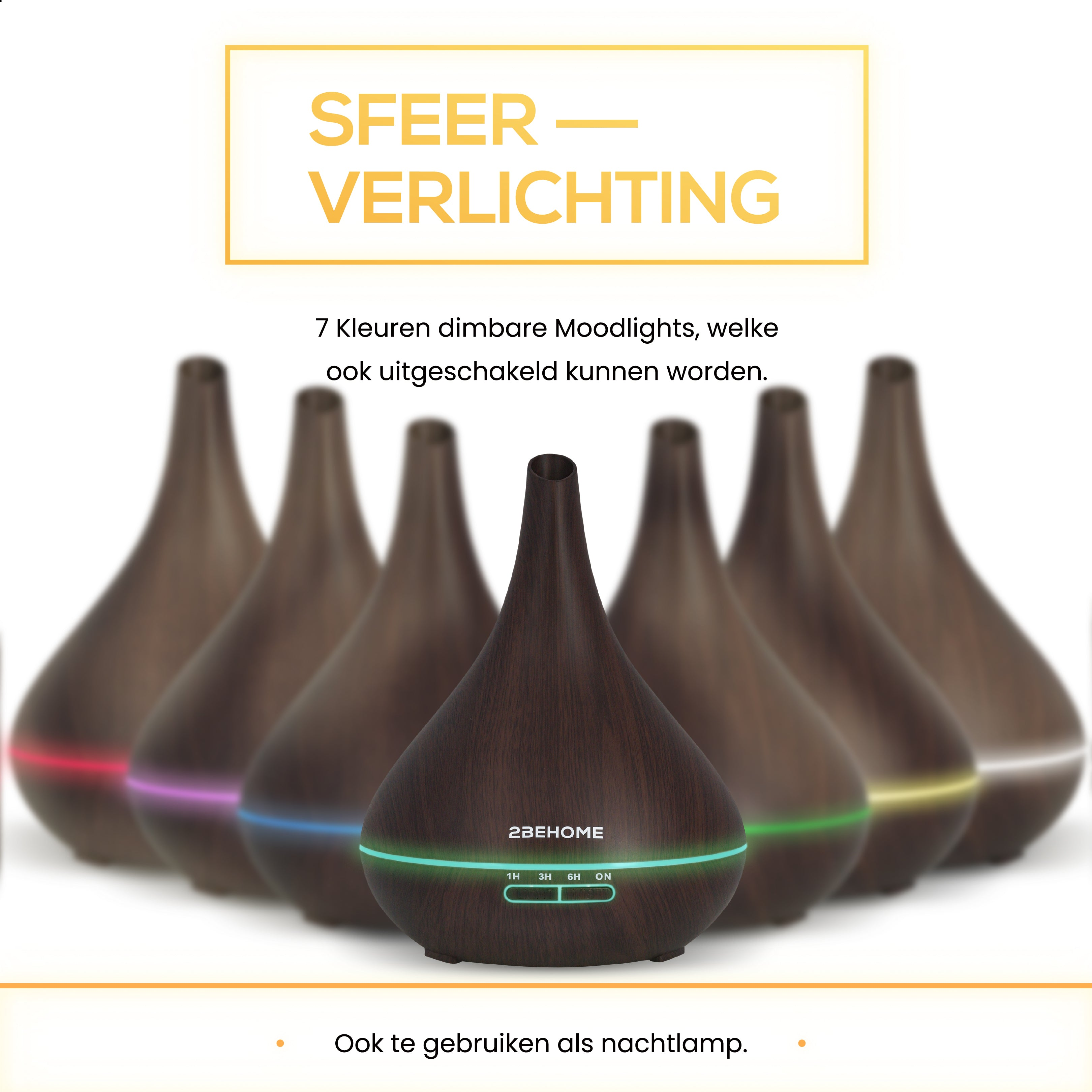 Diffuseur marron avec lumières colorées, texte en néerlandais.