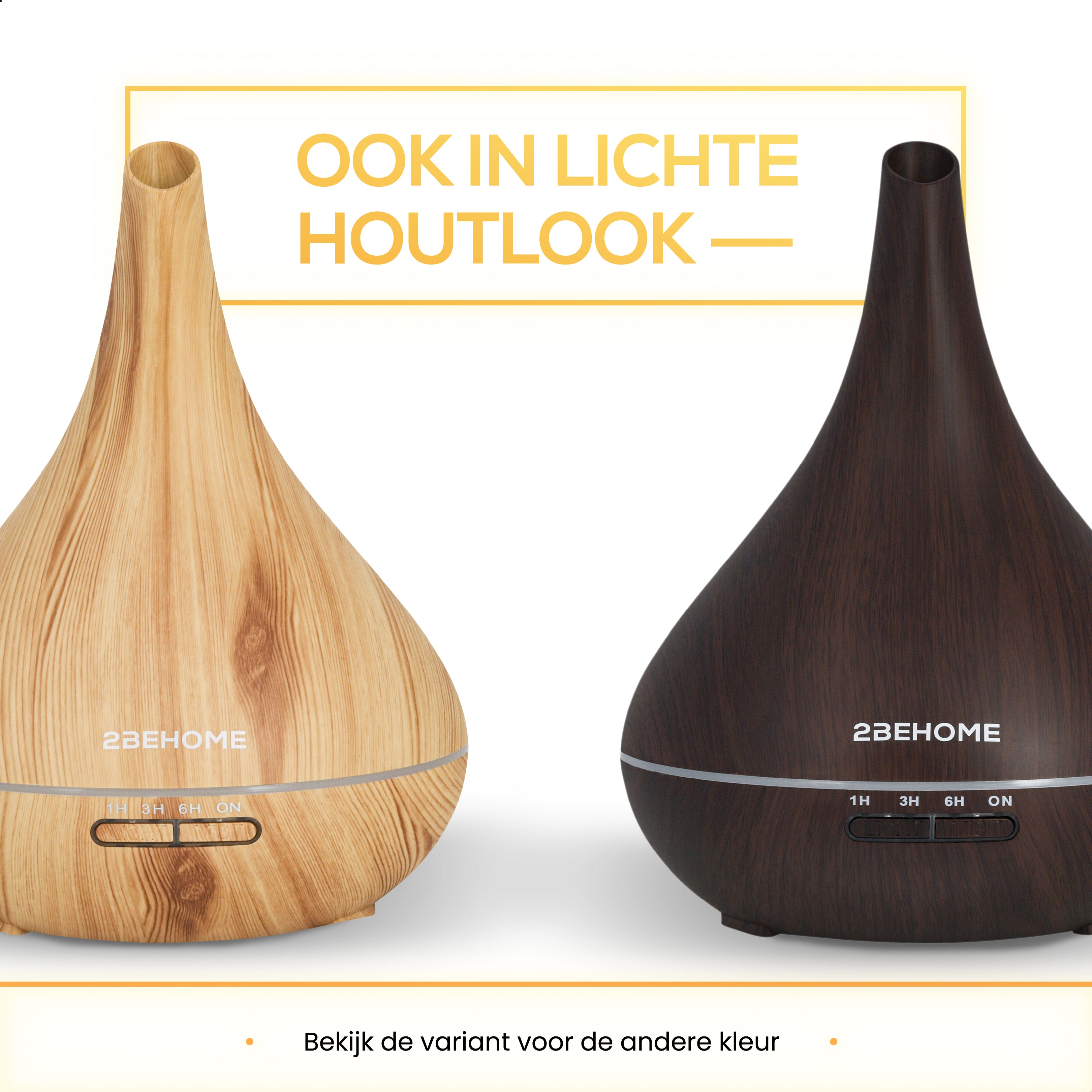 Deux diffuseurs d'arômes, un en bois clair et un en bois foncé, avec des boutons de commande.