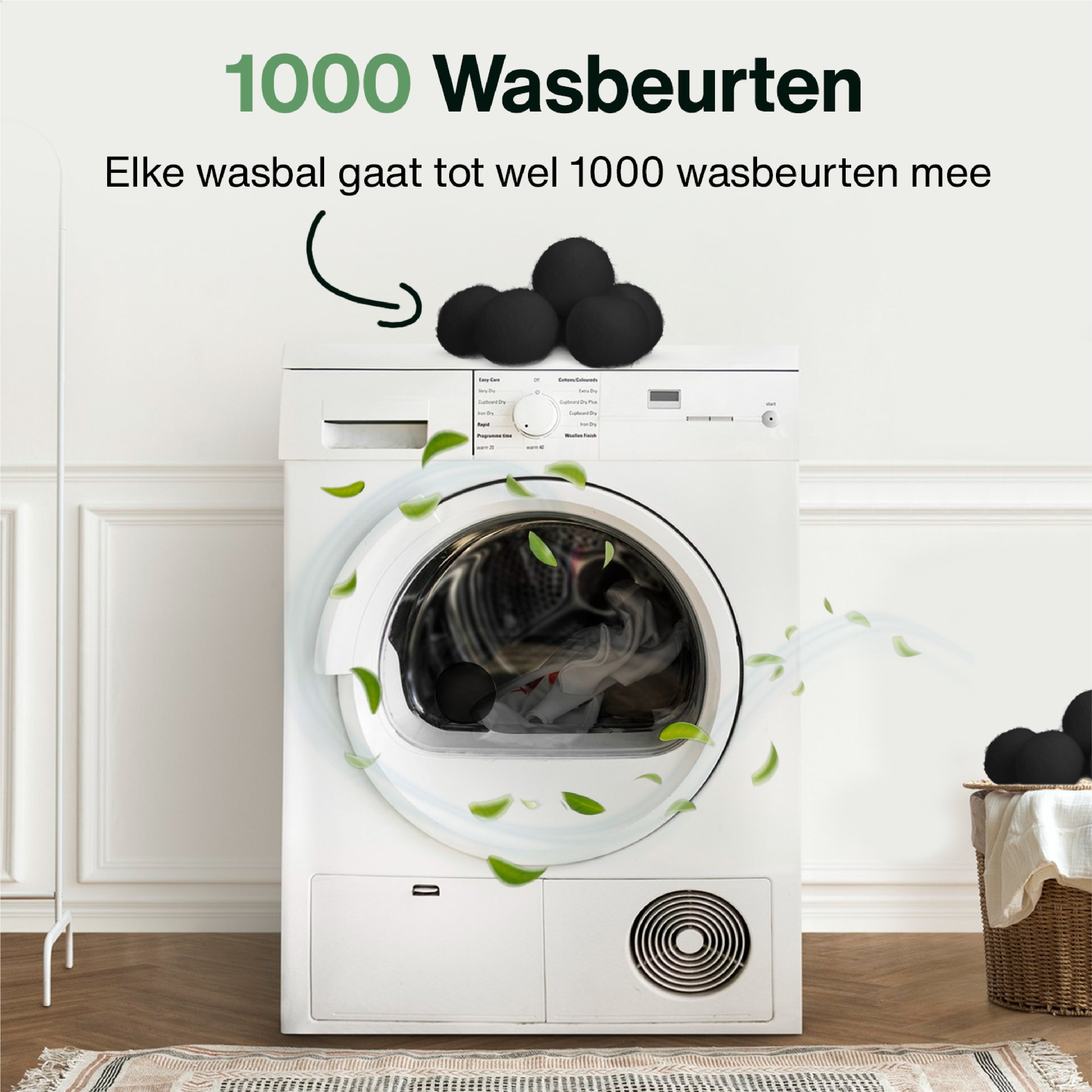 Washing machine with black balls on top, with green leaves coming out of them.