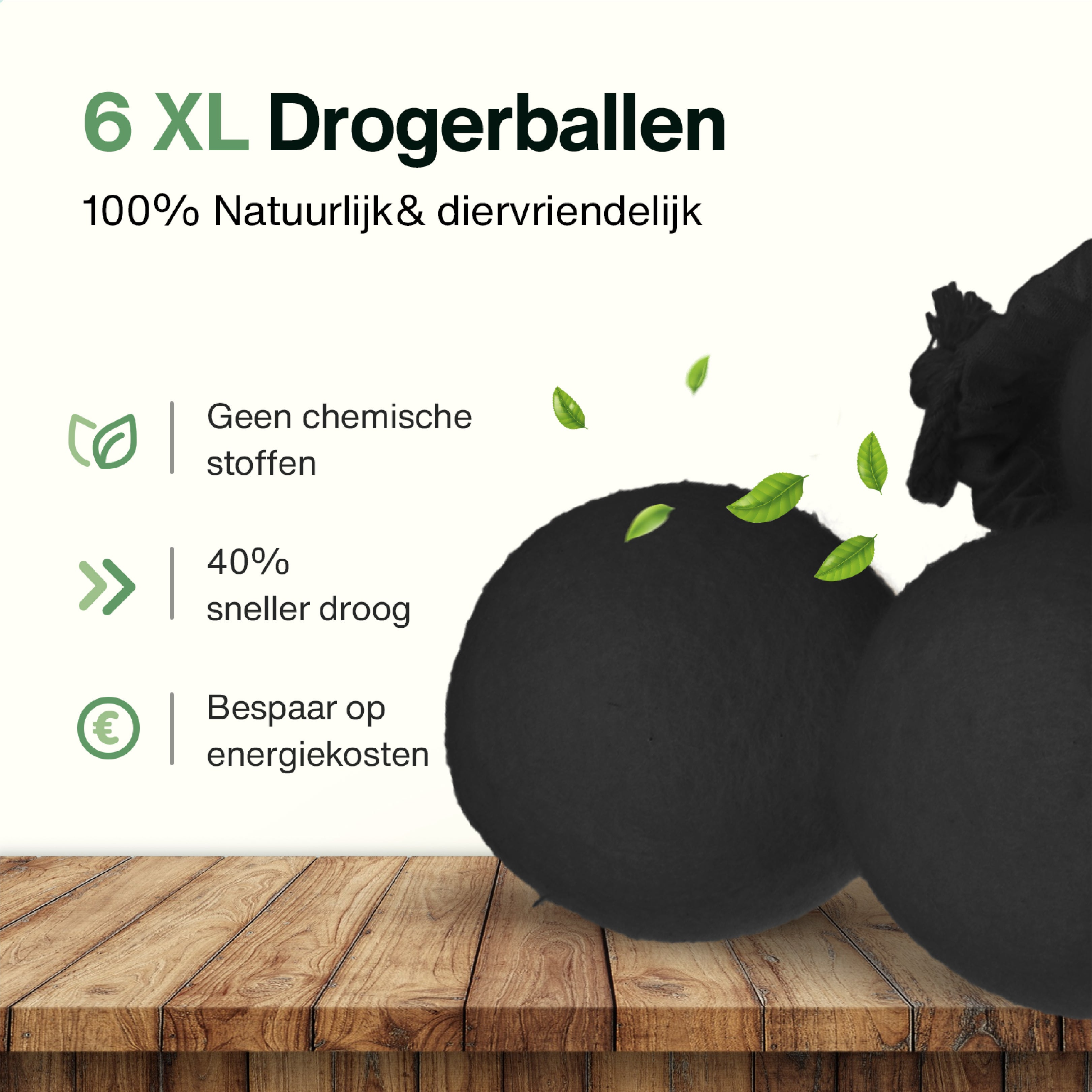 Image shows black dryer balls with text about natural and animal-friendly drying.