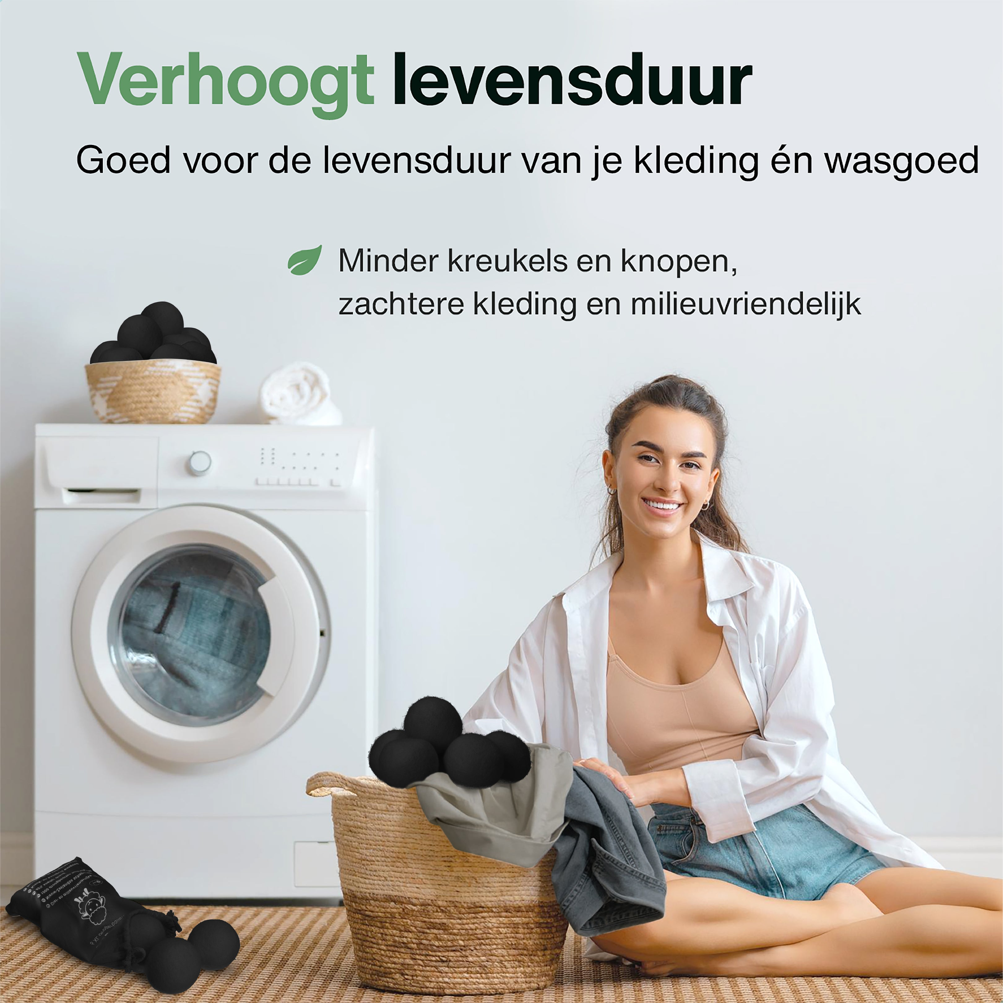 A woman in a white shirt smiles next to a washing machine and laundry care products.