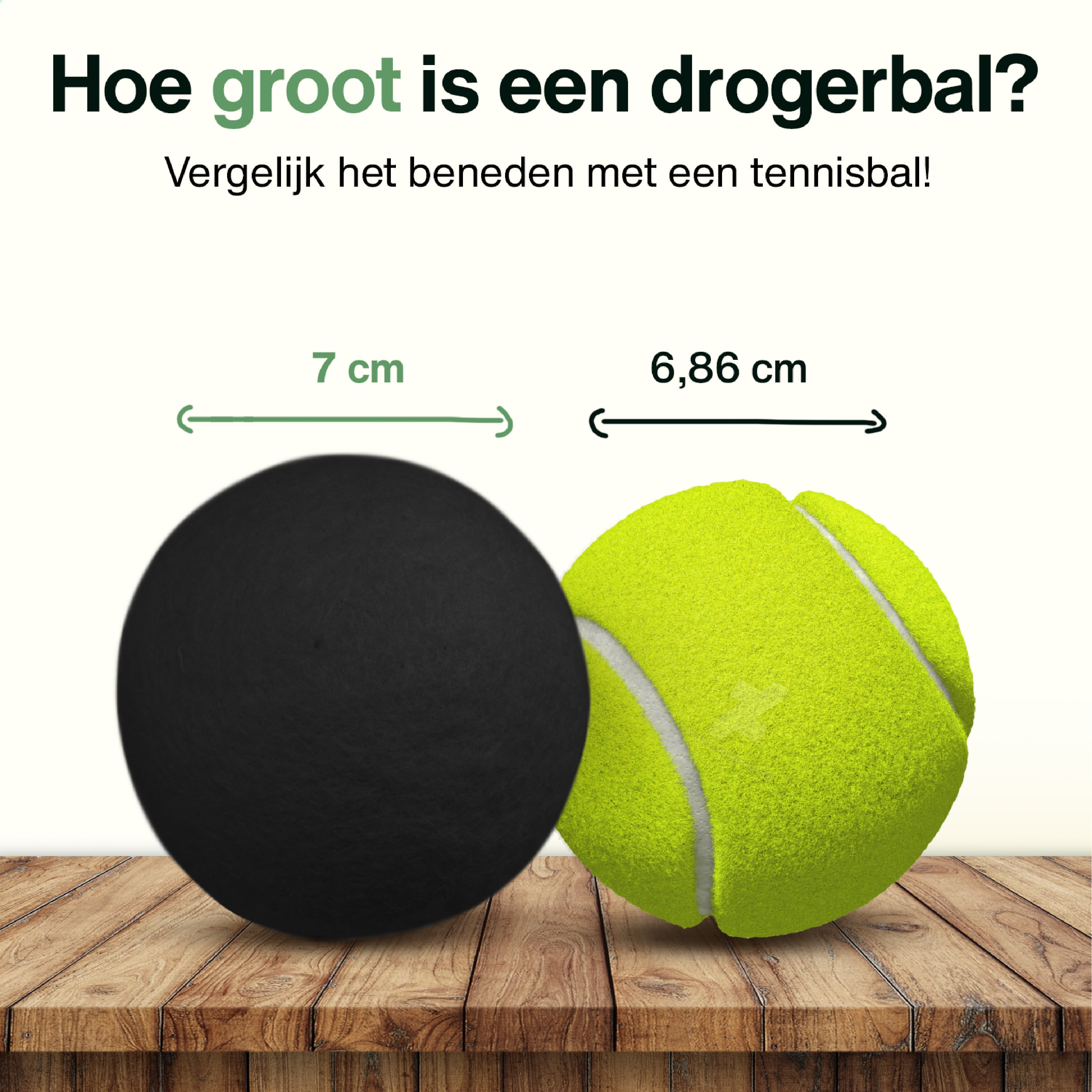 A black ball and a yellow tennis ball are placed on a wooden surface, with size comparisons.