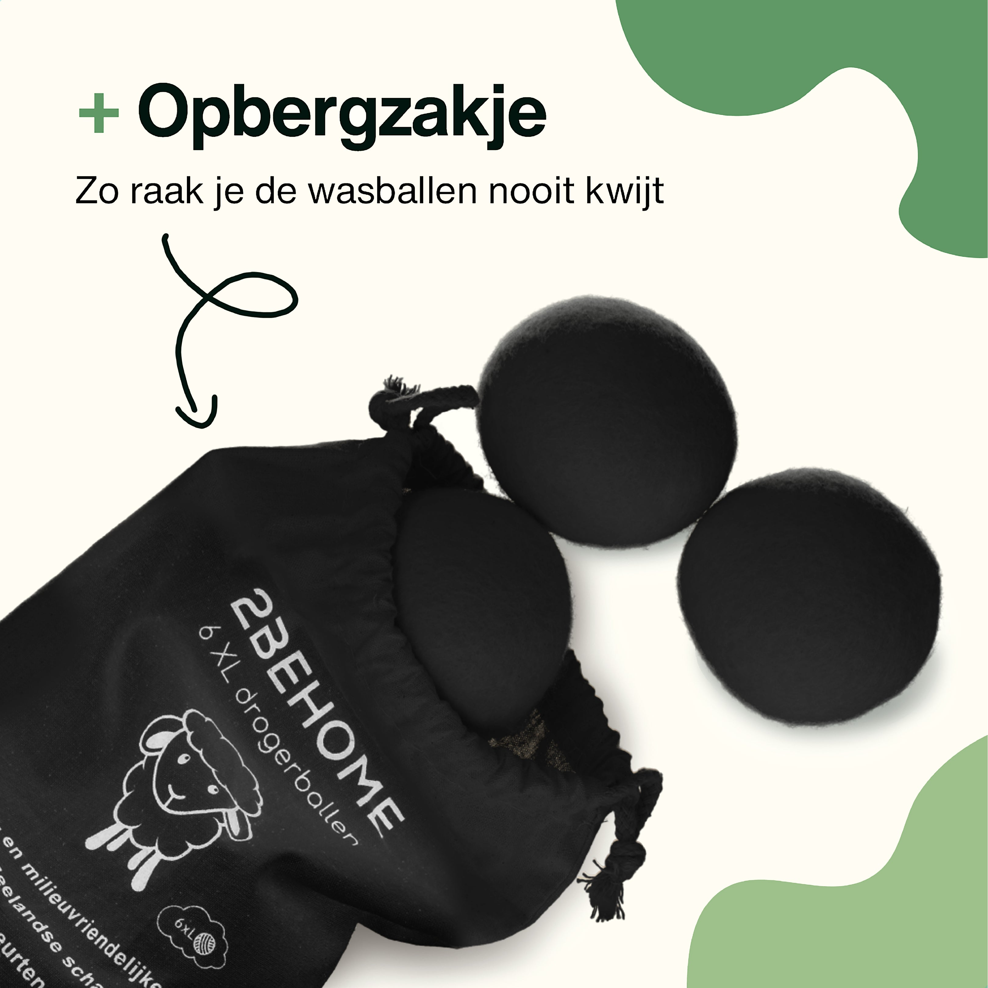 A black bag with three black dryer balls. Text indicates it's for dryer balls and eco-friendly.