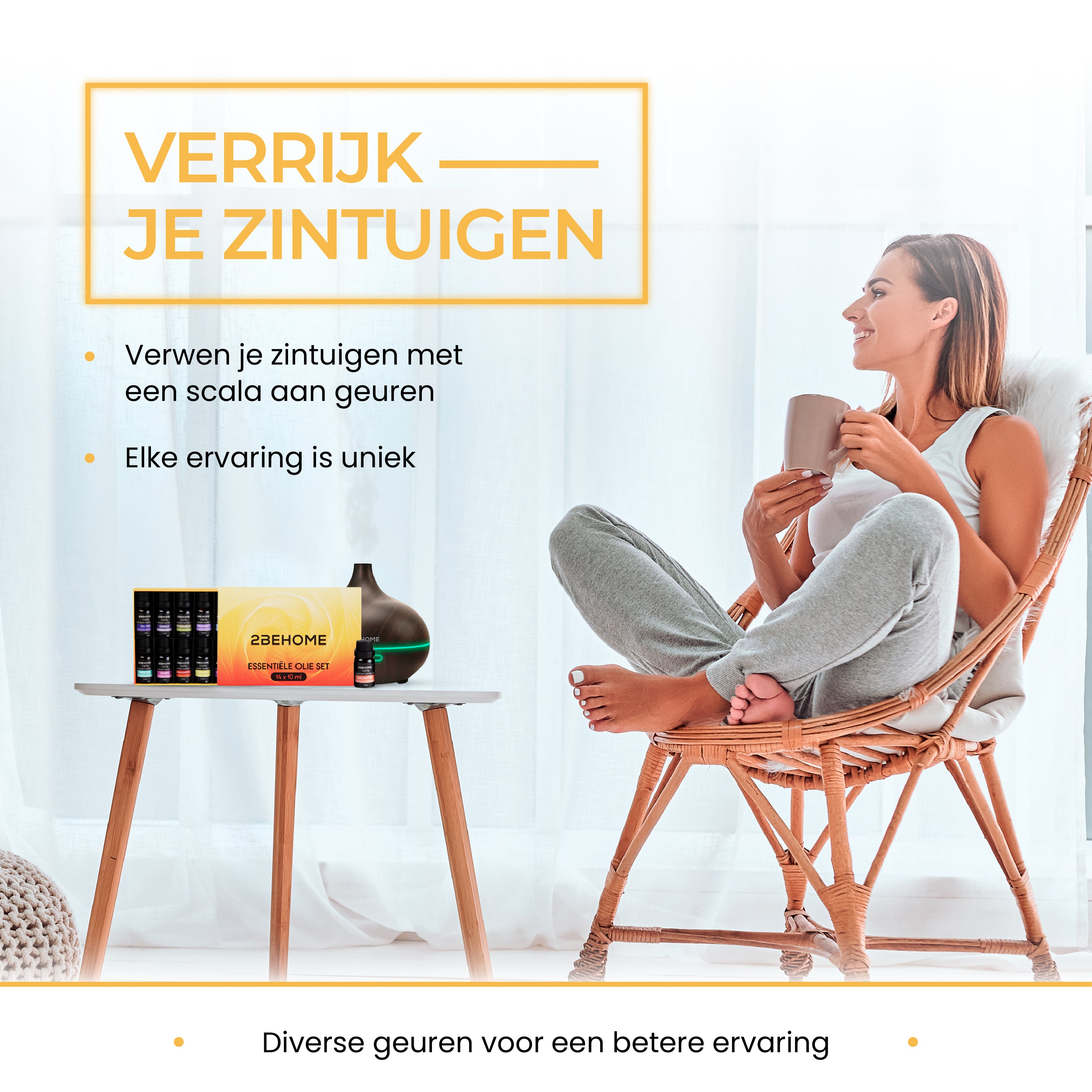 A woman on a chair with a mug, essential oil diffuser, and text about scents and experience.
