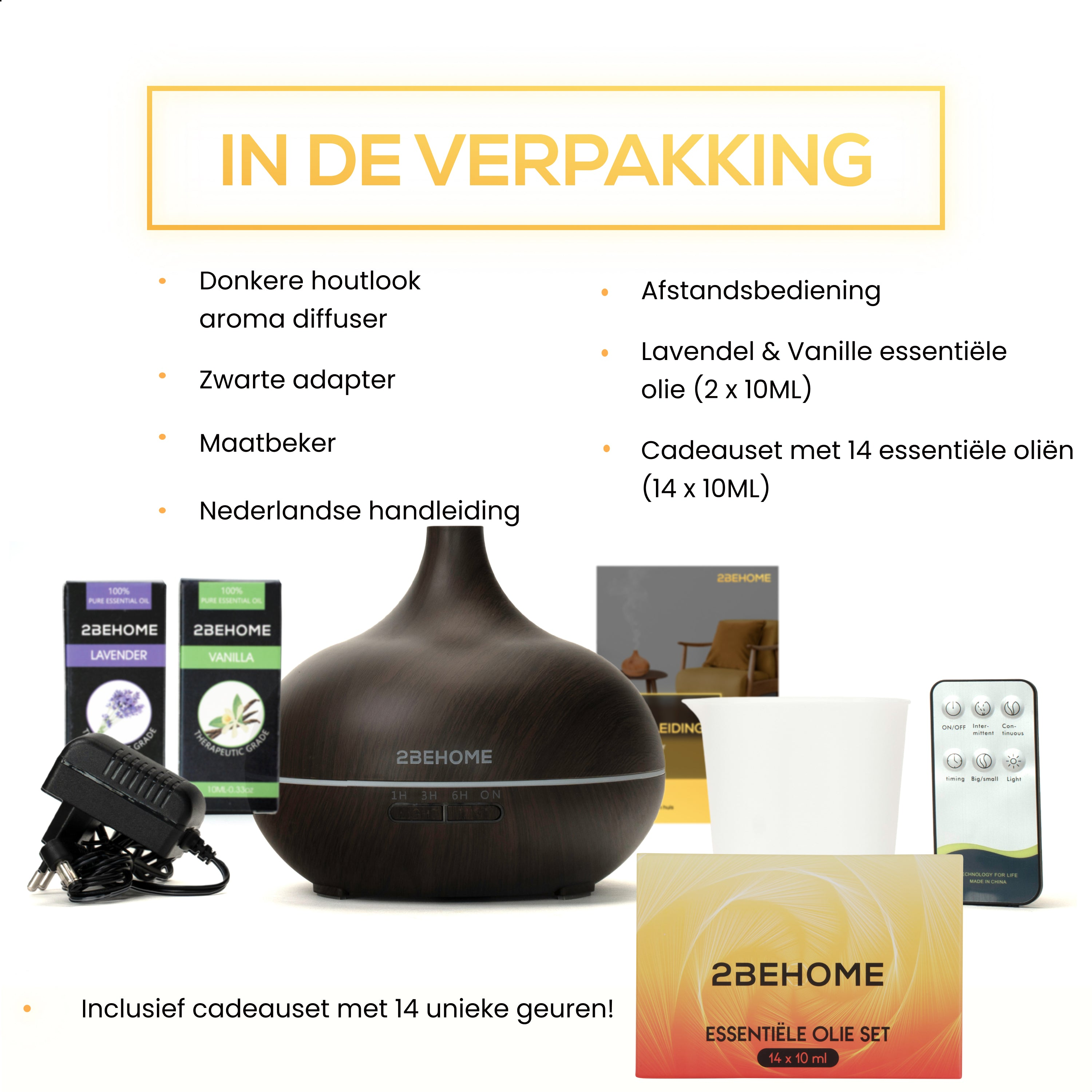 Aroma diffuser kit with essential oils, a black adapter, a measuring cup, and a remote, on a white surface.