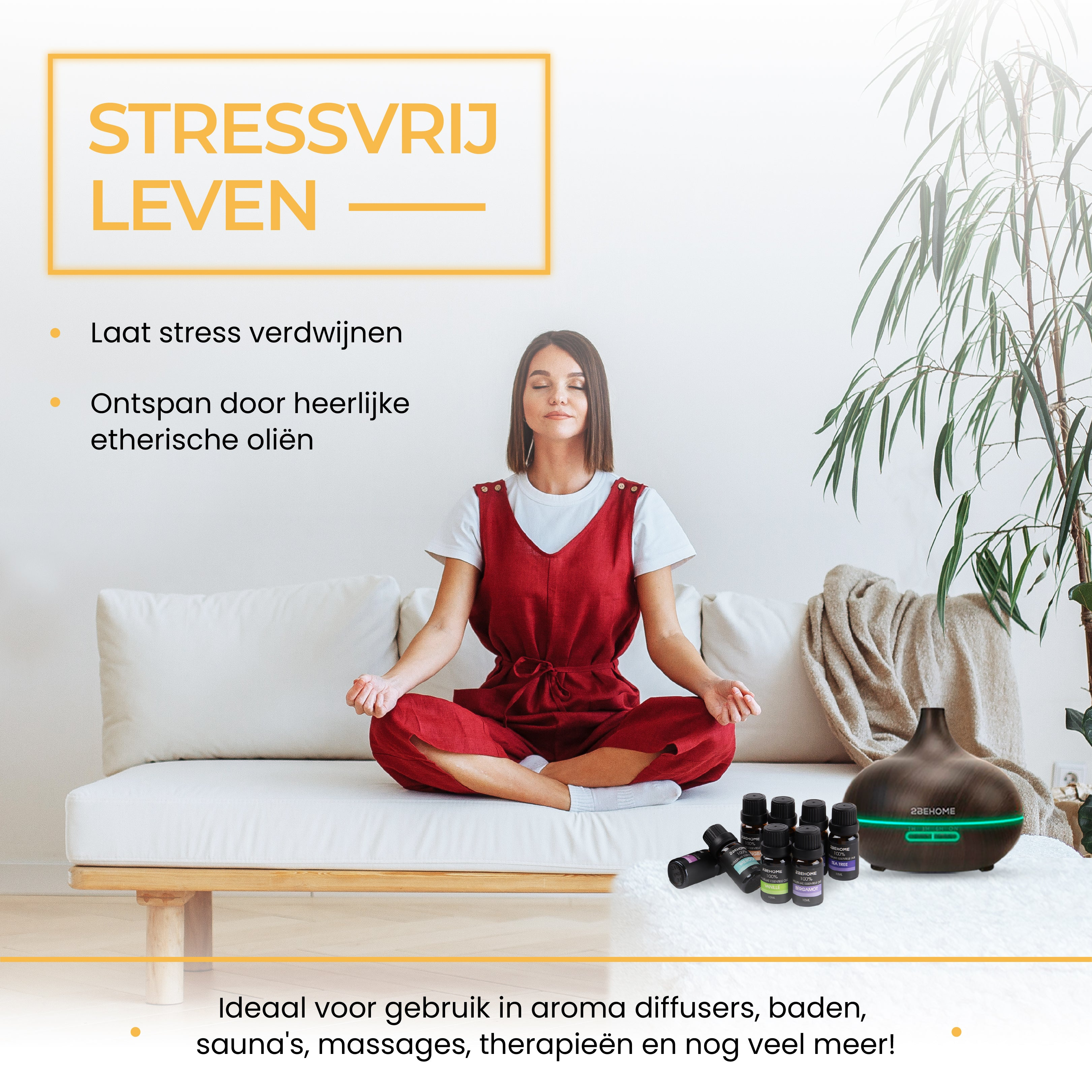 Woman meditating on a sofa with essential oil bottles and a diffuser. Text: Stress-free life and benefits.