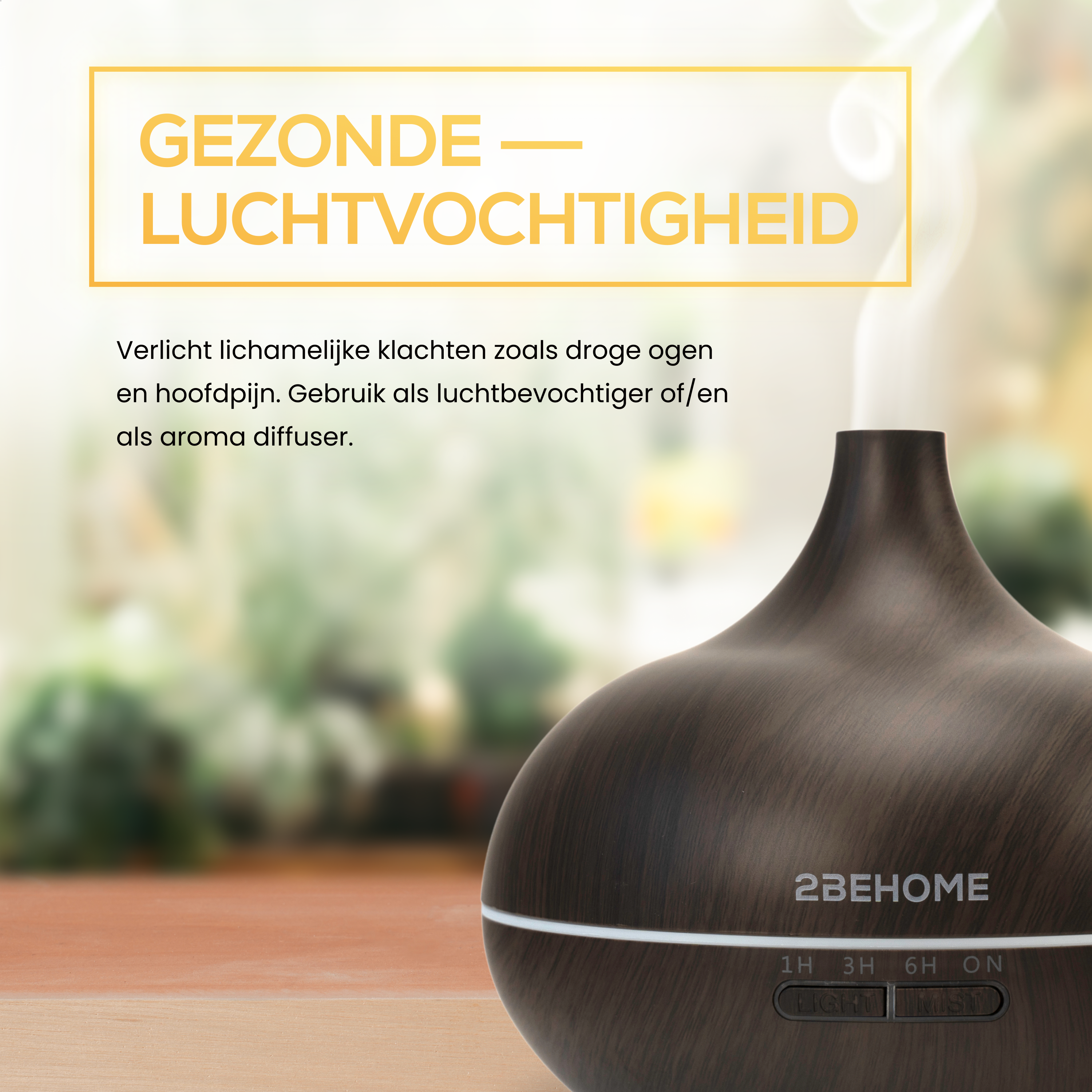 Dark brown aroma diffuser on a wooden table. Text in German about healthy humidity.