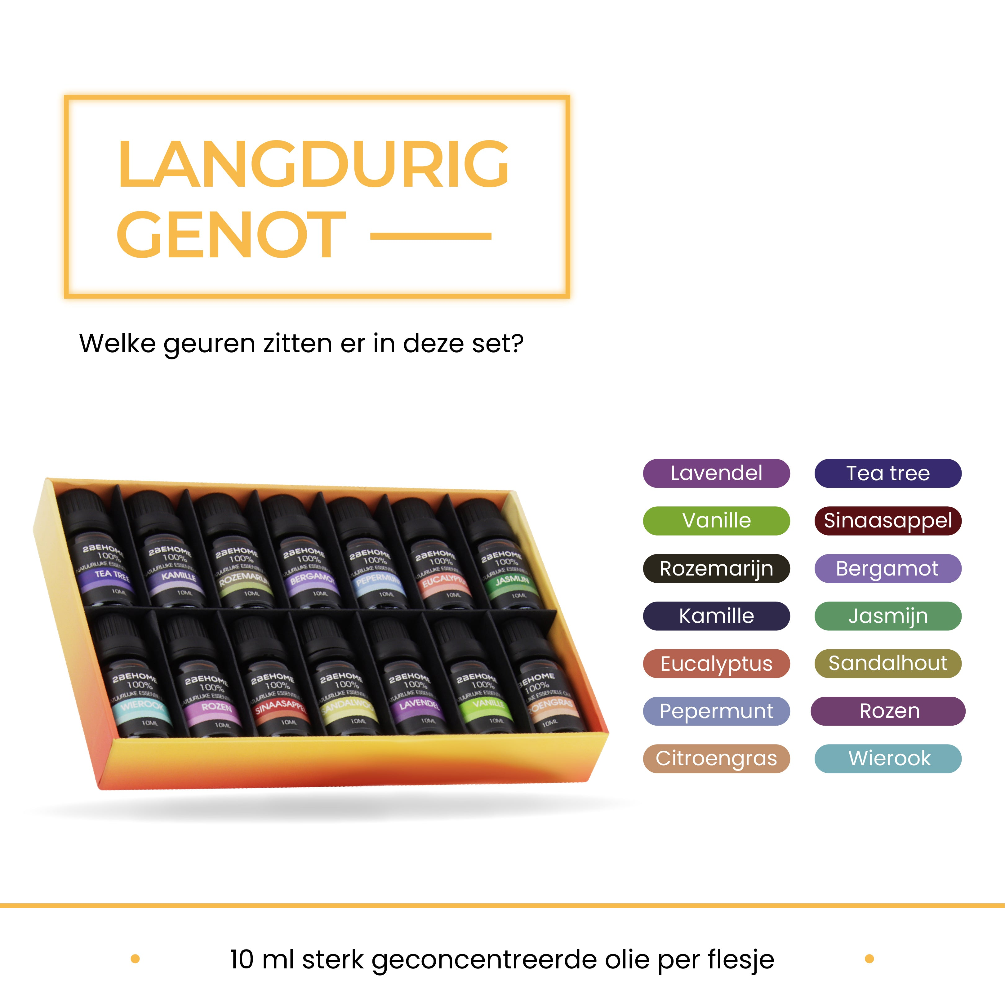 A box of essential oils. There are several bottles in the box. Labels list scents such as lavender.